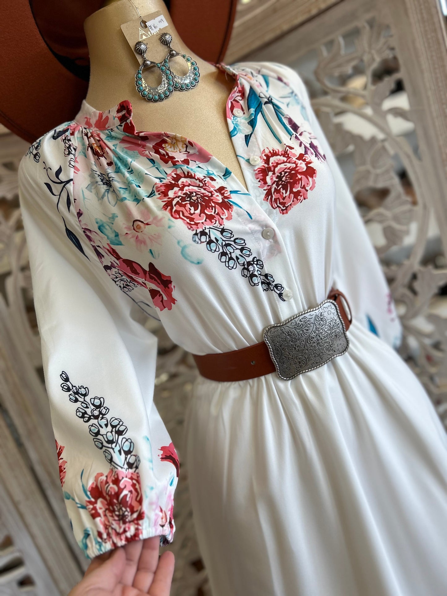 White Flower Border Midi Dress- Not Stretchy