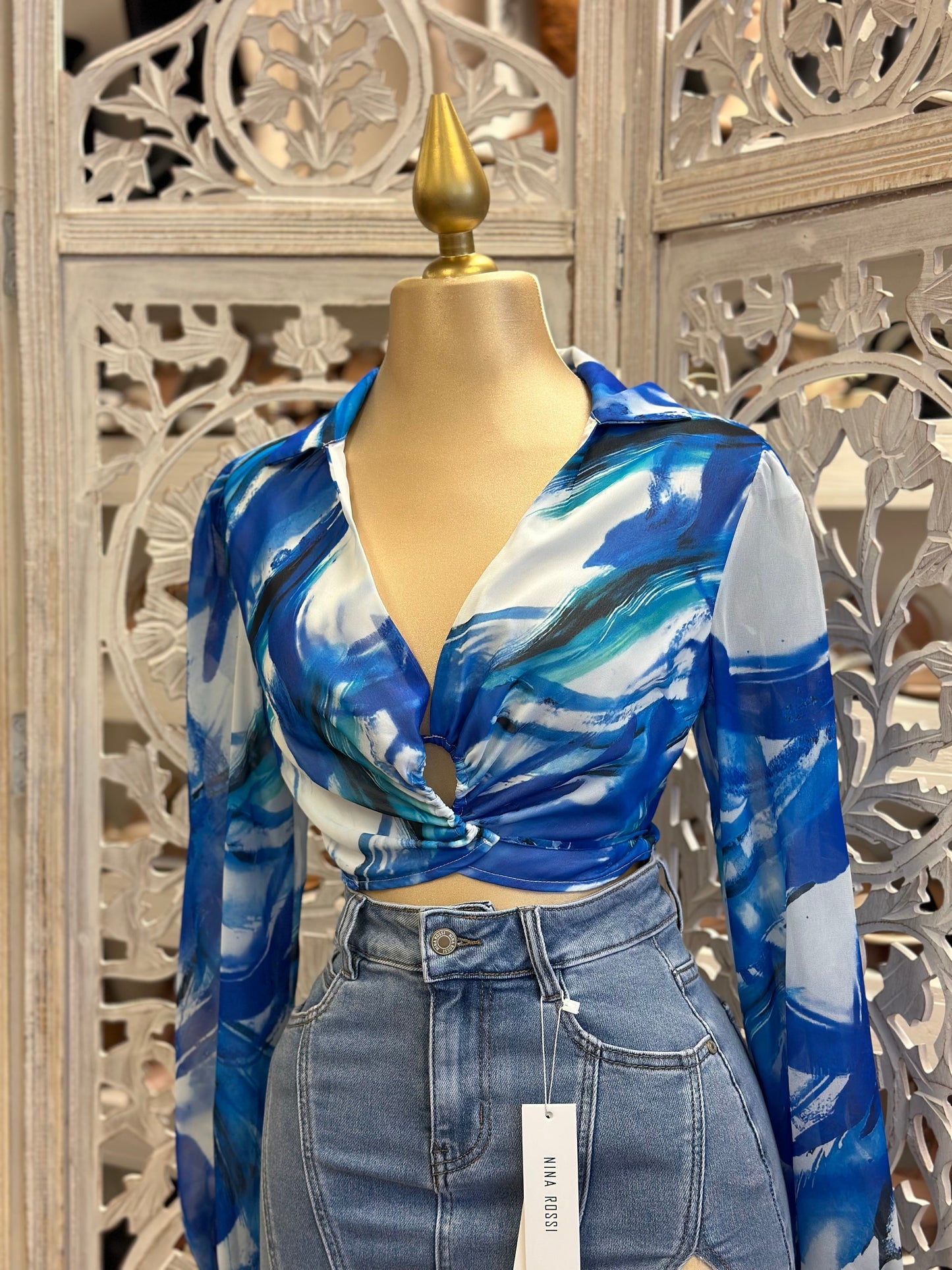 Pattern Blue Knotted Blouse