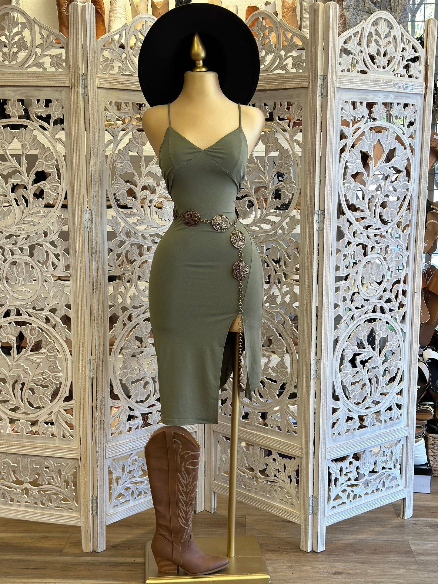 Olive Triangle Slit Midi Dress