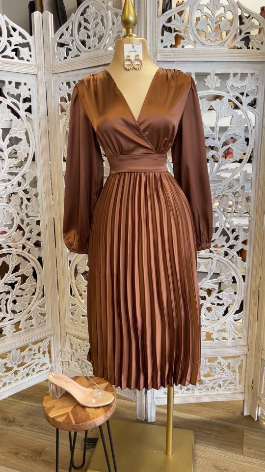 Bronze Pleated Midi Dress- Not Stretchy