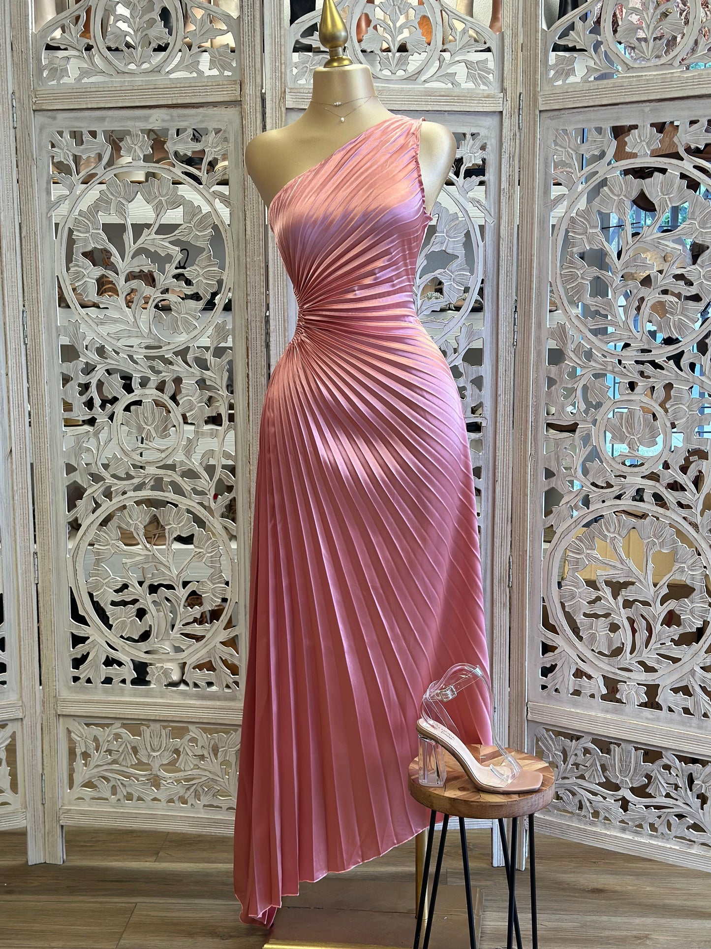 Pink Pleated Cutout Dress- Slightly Stretchy