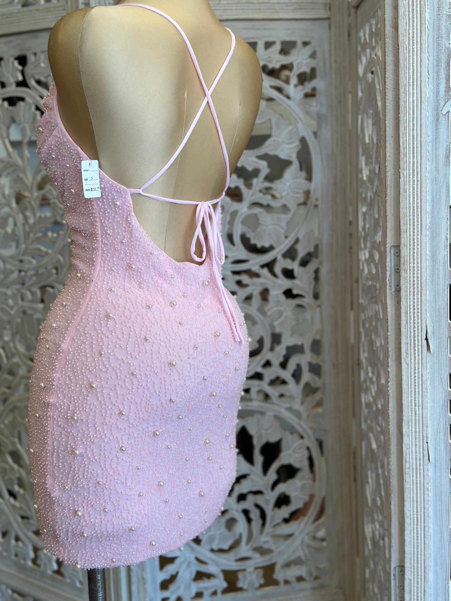 Cotton Pink Mini Embellished Dress- Stretchy