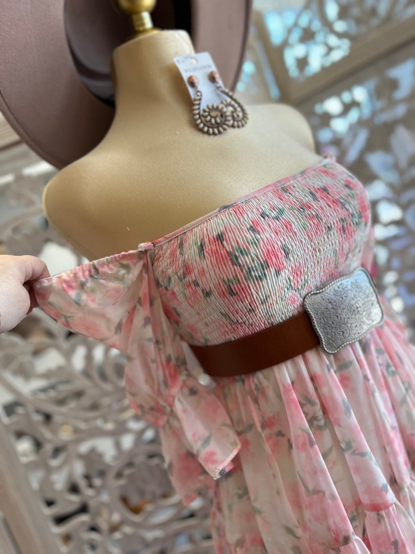 Pink Off Shoulder Floral Smocked Dress- Stretchy