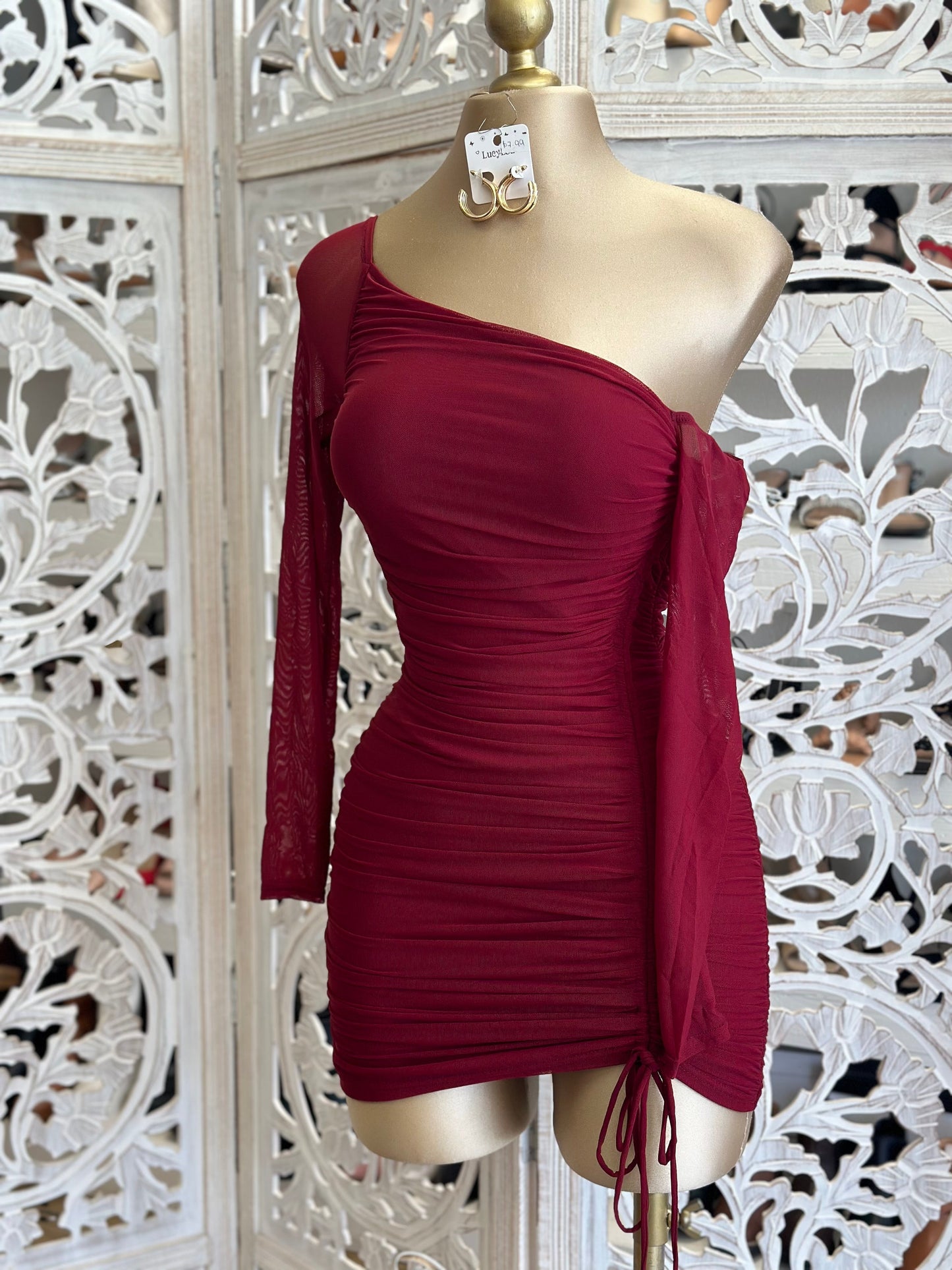 Burgundy Asymmetrical Ruched Mini Dress-Stretchy