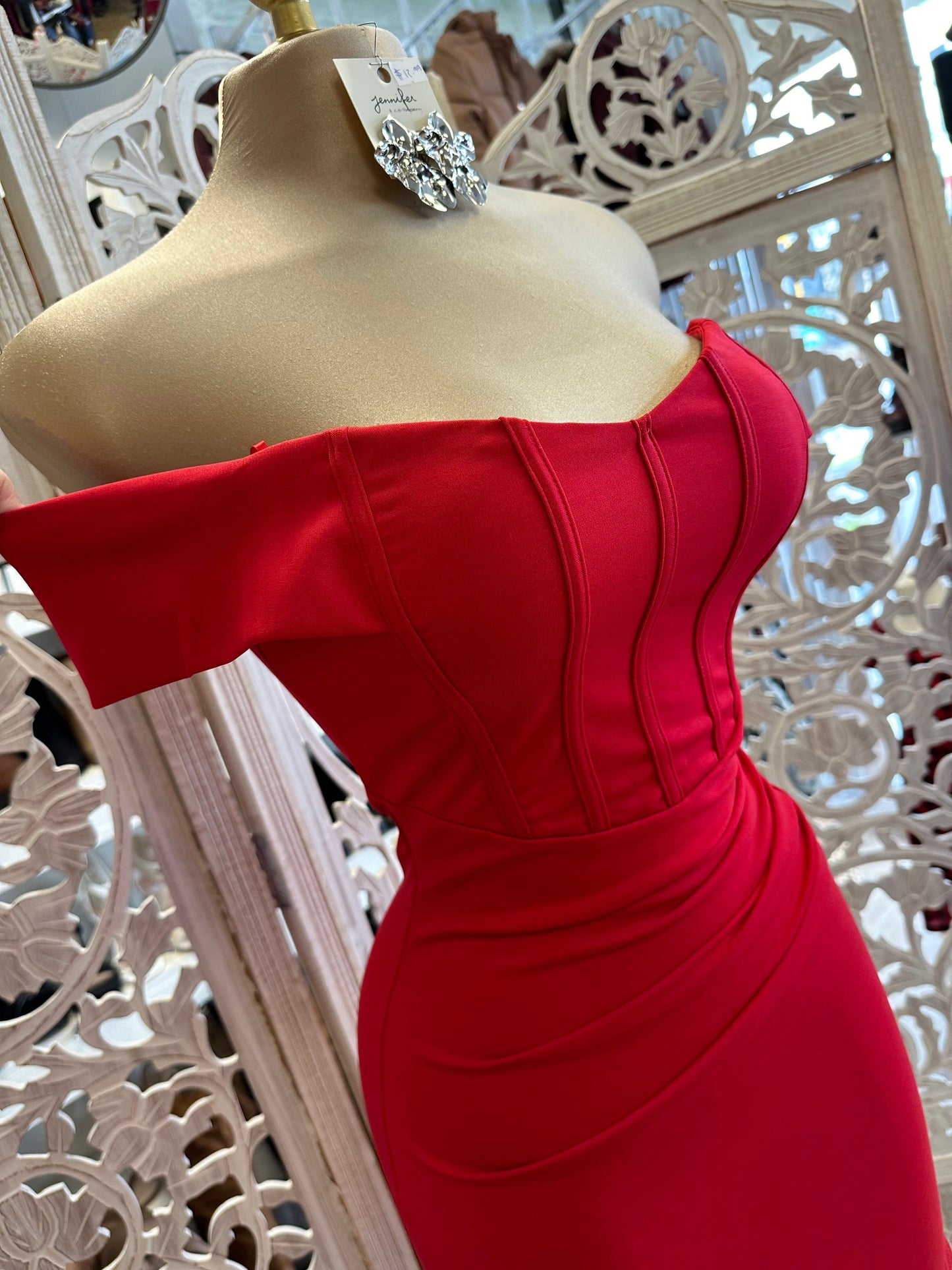 Red Corset Off Shoulder Midi Dress Stretchy