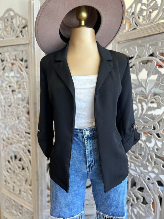 Black Button Sleeve Blazer- Slightly Stretchy