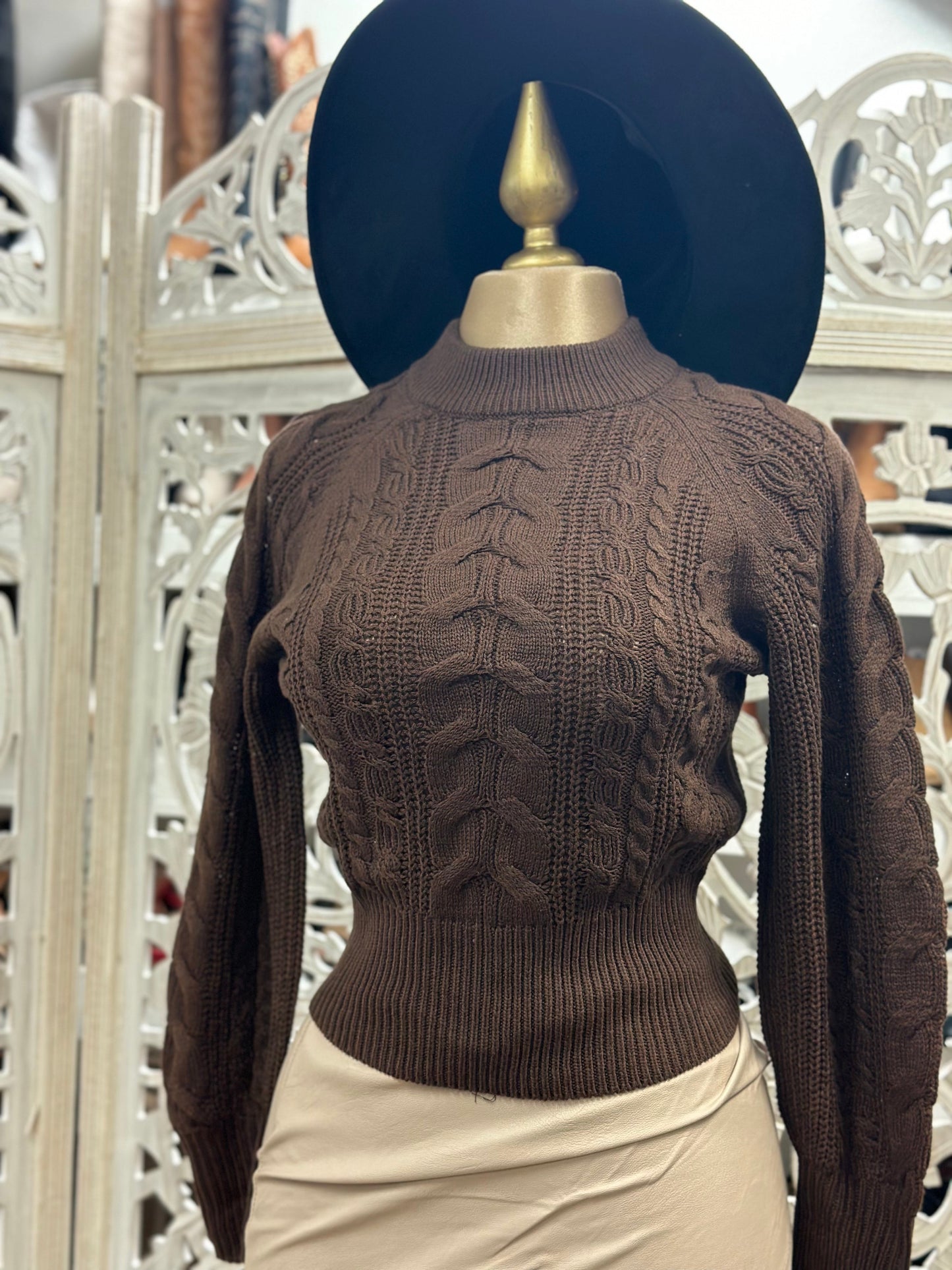 Brown Mock Neck Cable Knit Sweater