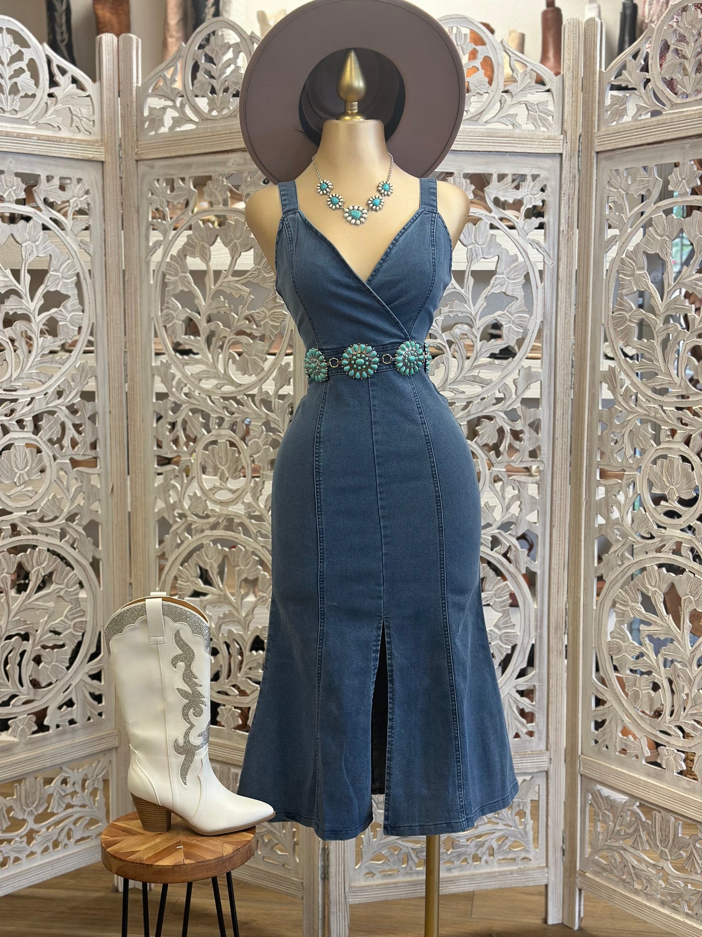 Denim Cross Fromt Midi Dress- Slightly Stretchy