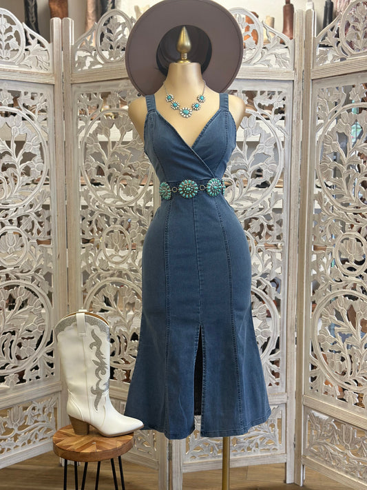 Denim Cross Fromt Midi Dress- Slightly Stretchy