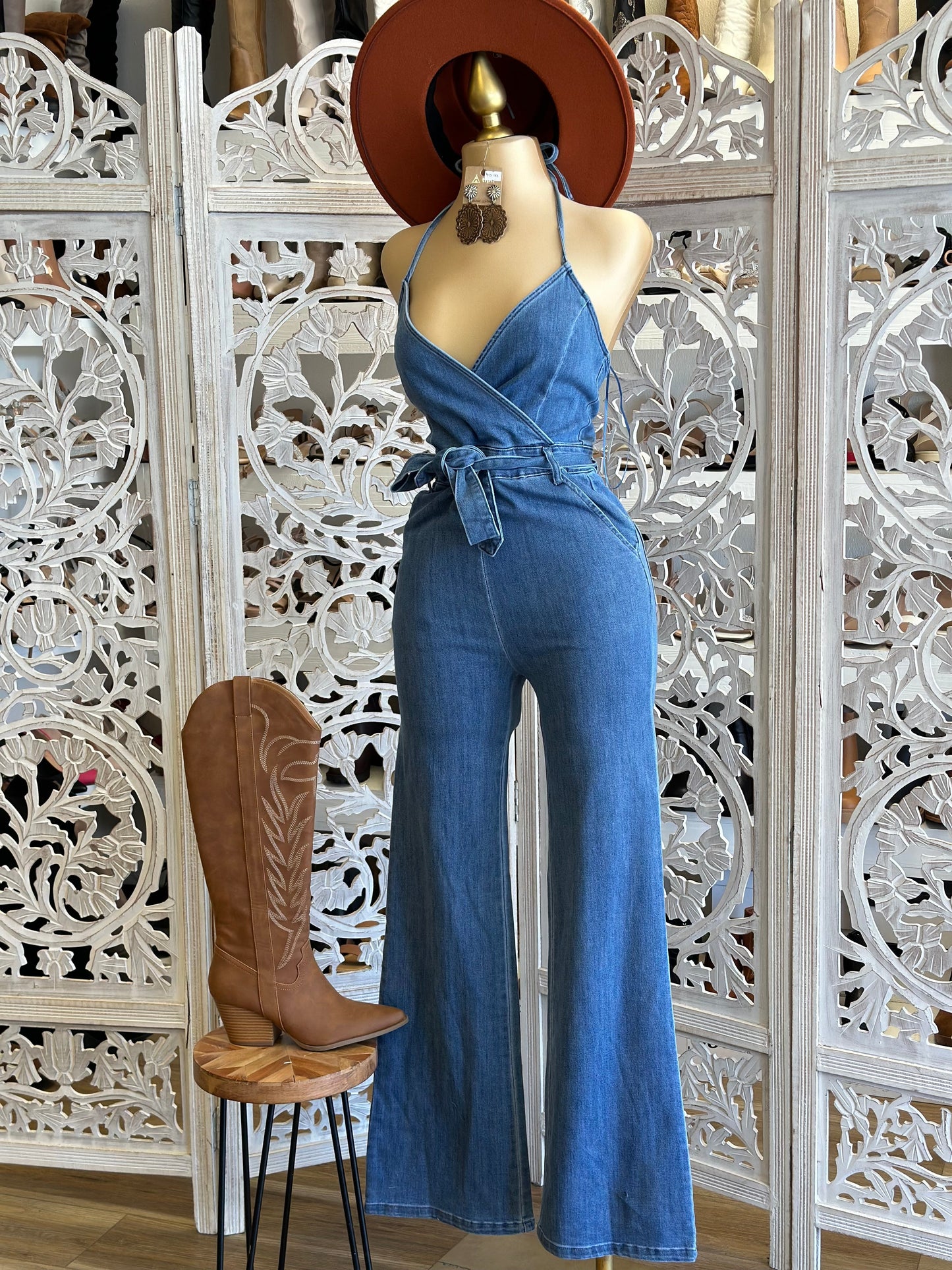 Denim Flare Backless Jumpsuit- Slightly Stretchy