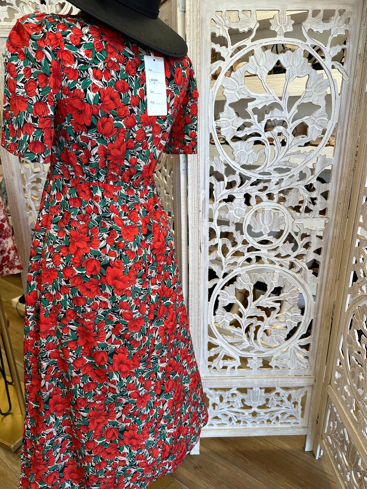 Red Floral Square Neck Dress- Stretchy