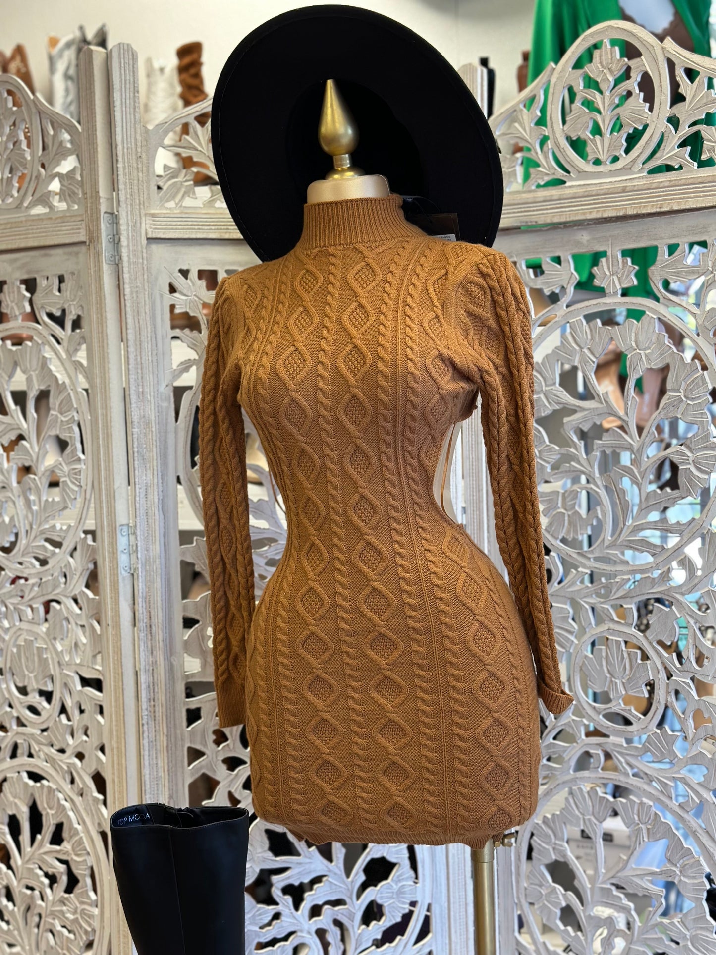 Brown Turtleneck Knit Dress