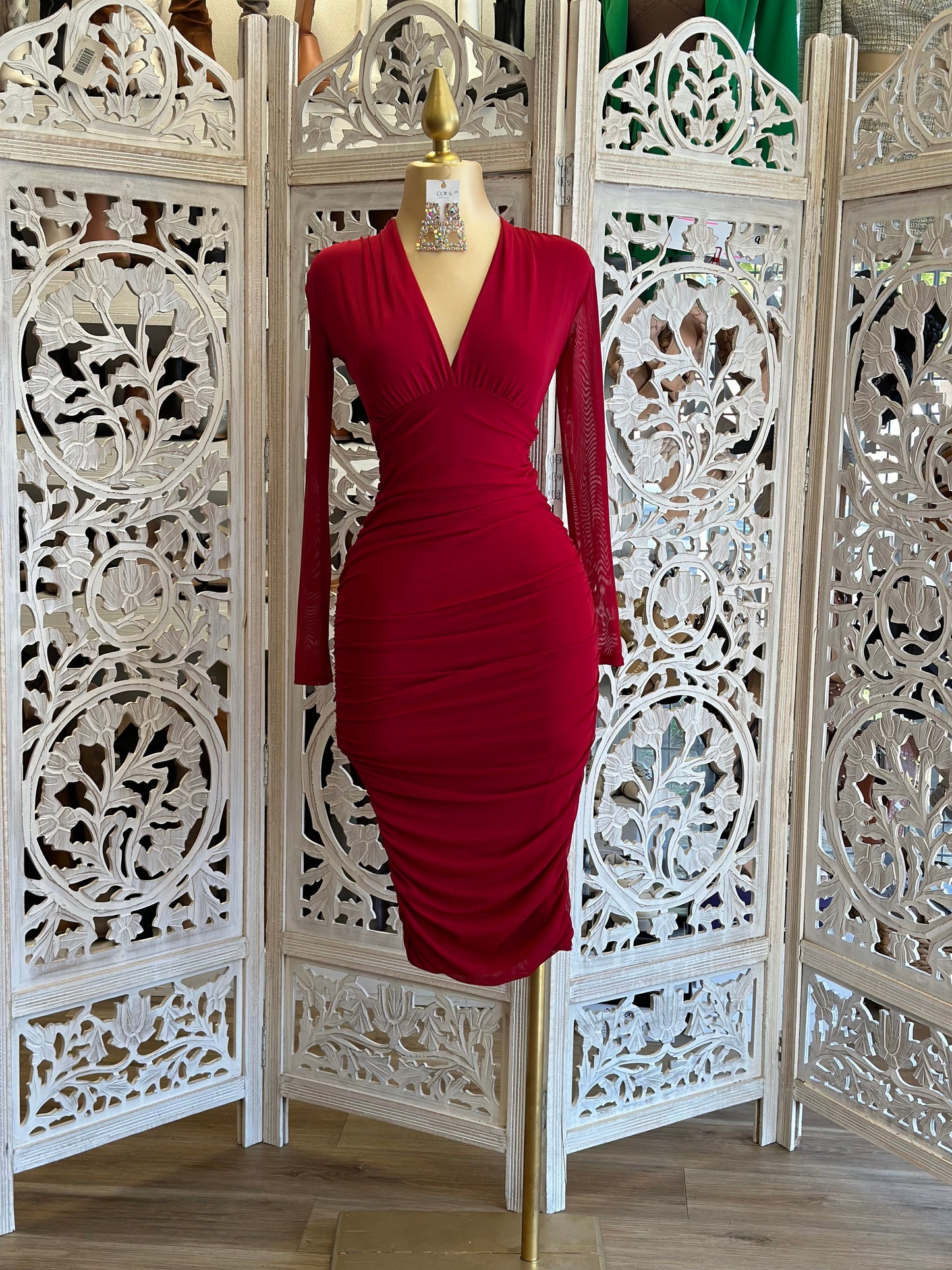 Red Crossed Mesh Midi Dress