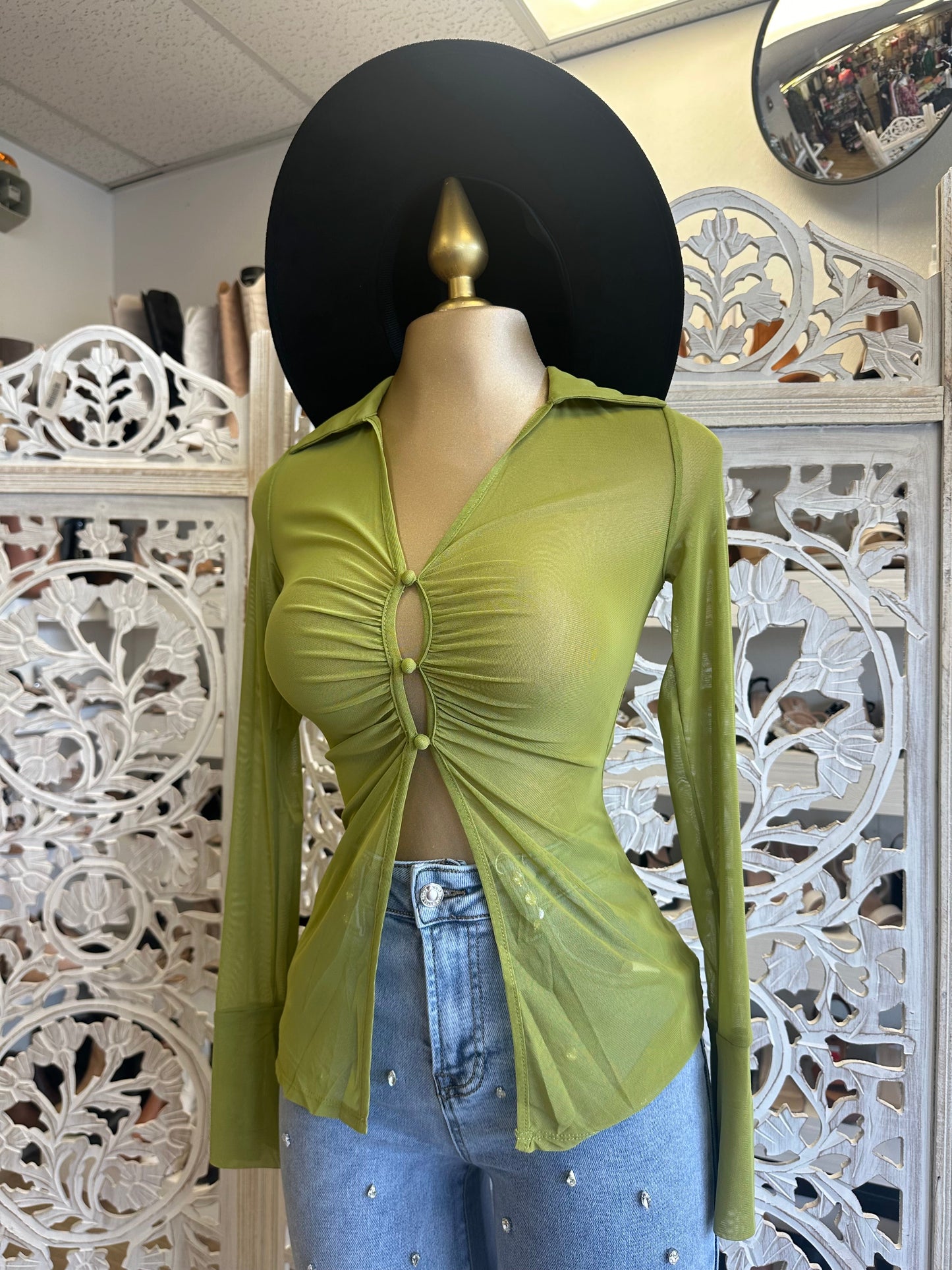 Sheer Green Button Split Top- Stretchy