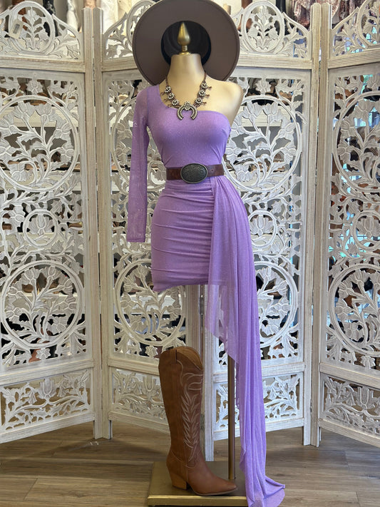 Glitter Purple Off Shoulder Tailed Dress- Stretchy