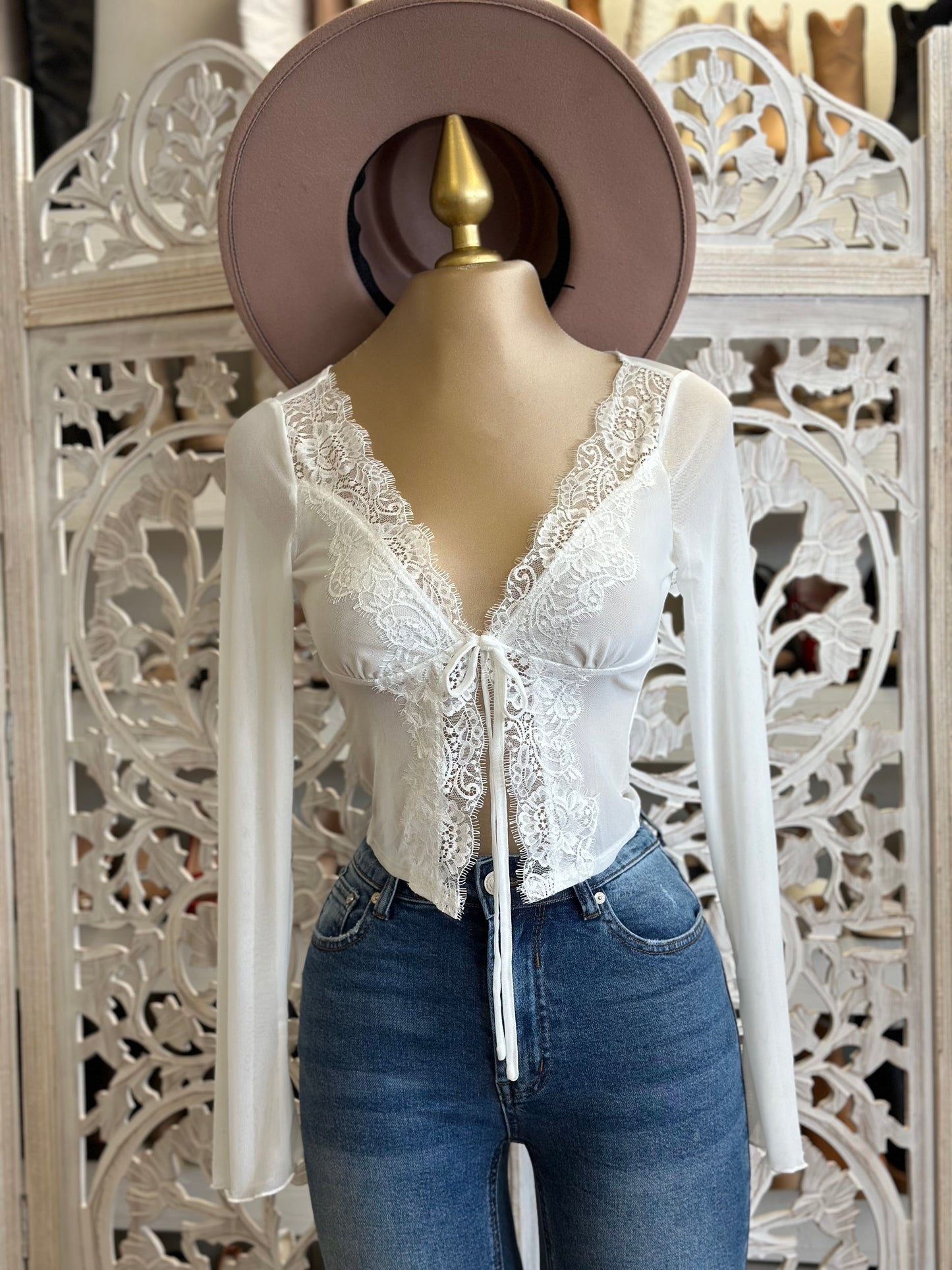 White Mesh Lace Tie Up Blouse- Stretchy