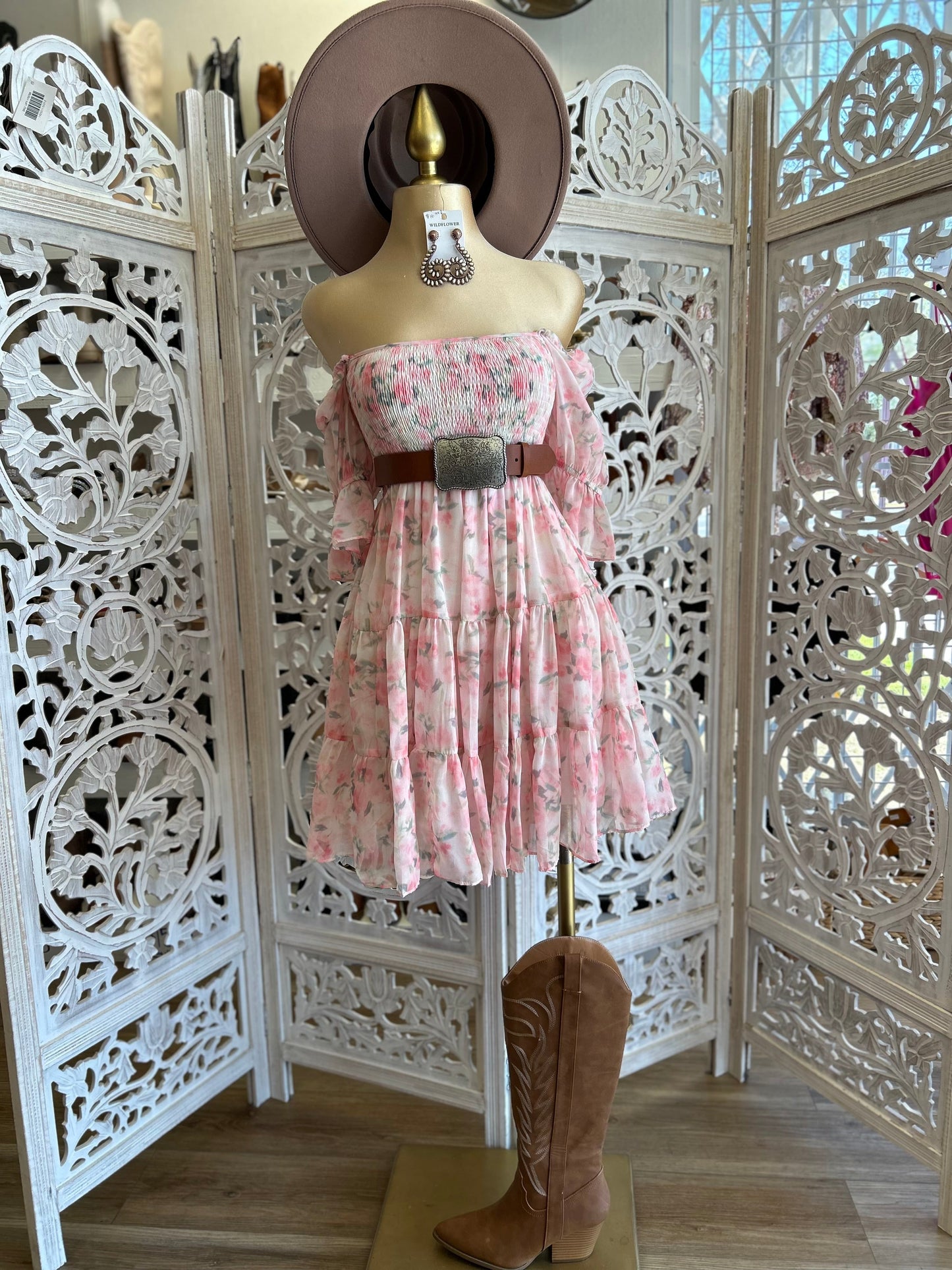 Pink Off Shoulder Floral Smocked Dress- Stretchy