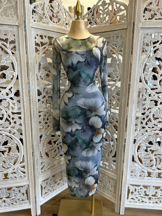 Sheer Floral Blue Print Midi Dress- Stretchy