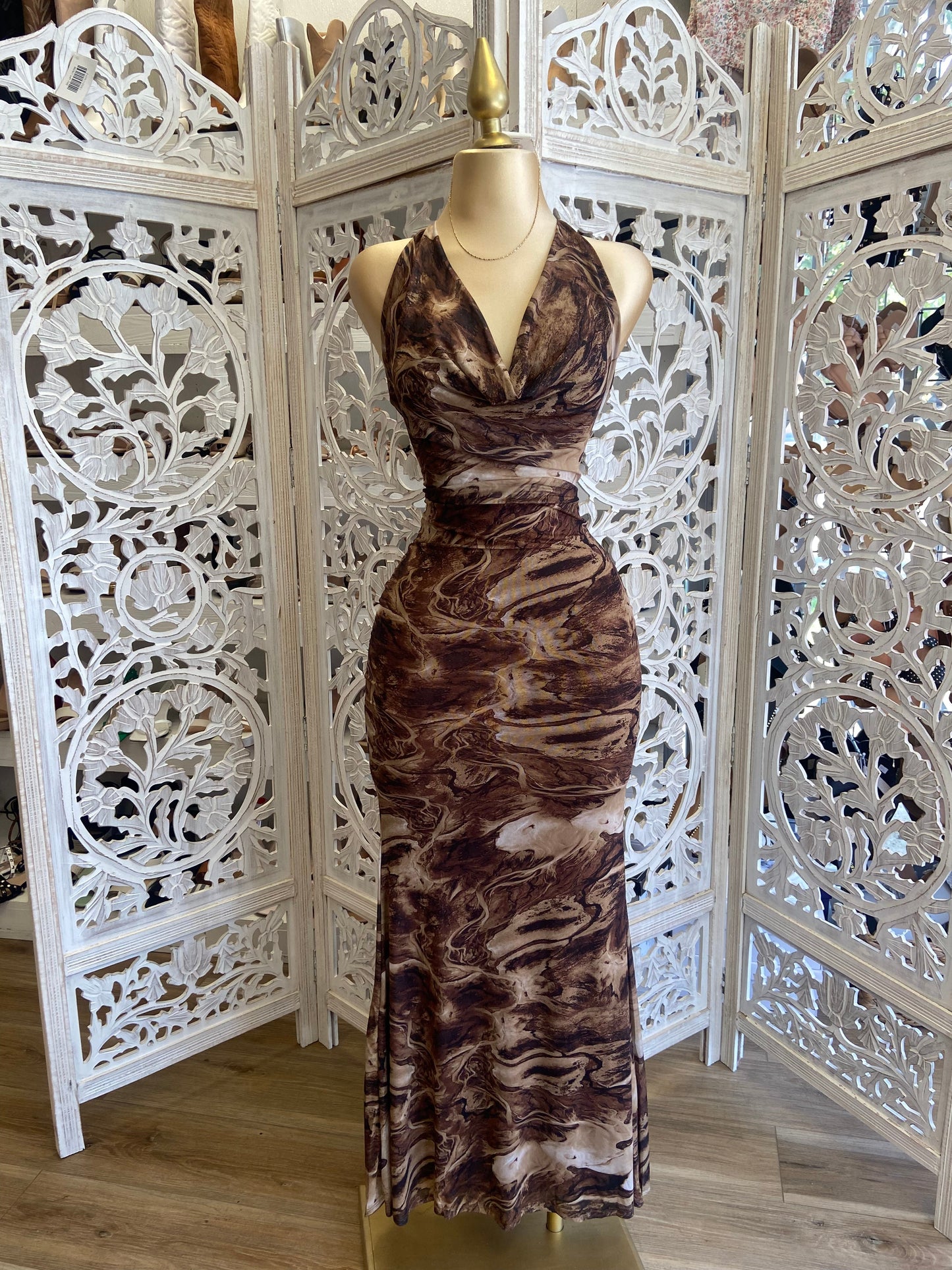 Tie Dye Cowl Neck Brown Dress