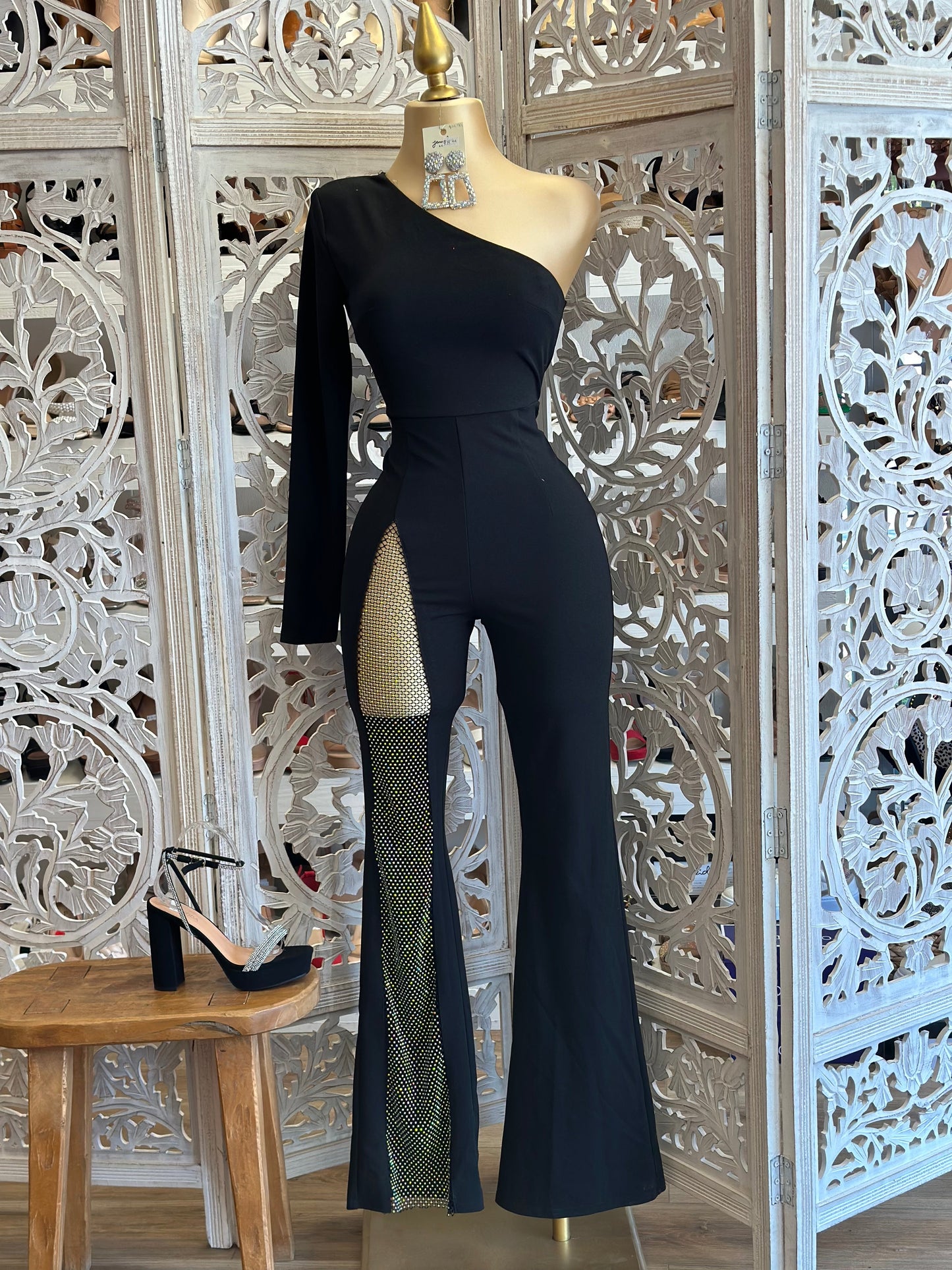 One Sleeve Cutout Rhinestone Jumpsuit