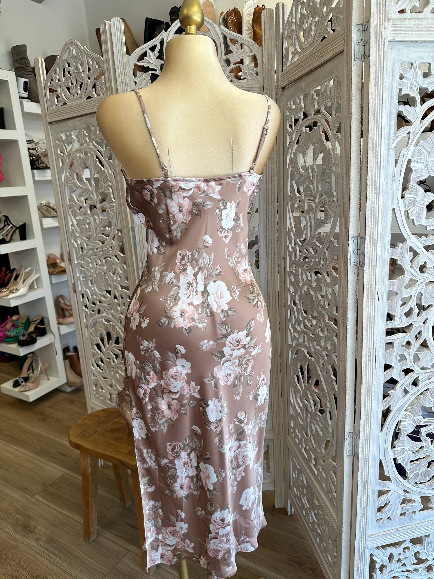 Beige Floral Cowl Midi Dress