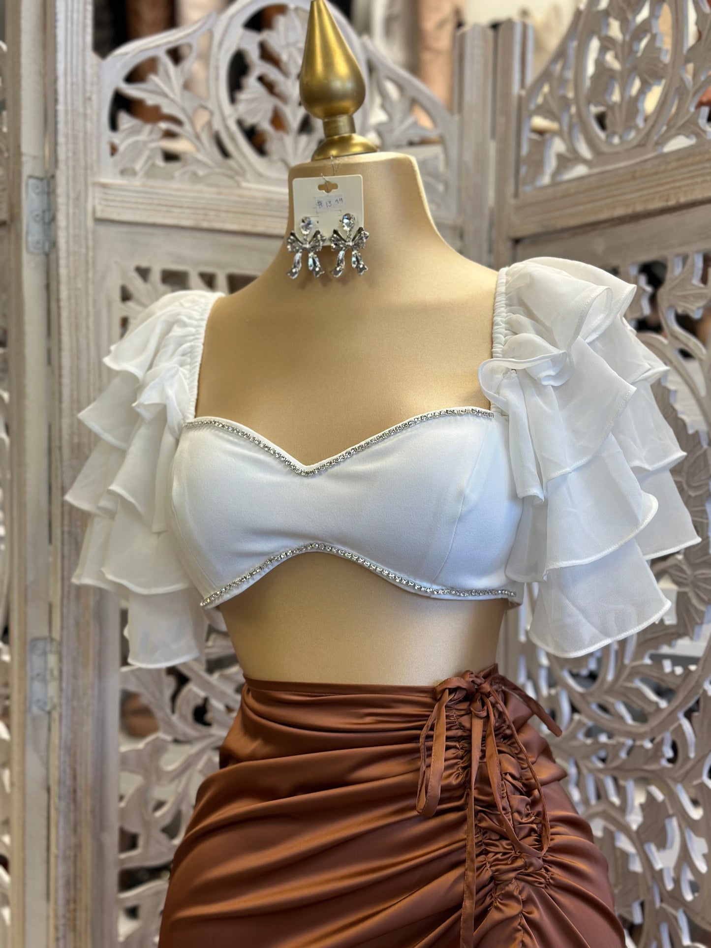 White Ruched Sleeve Rhinestone Crop