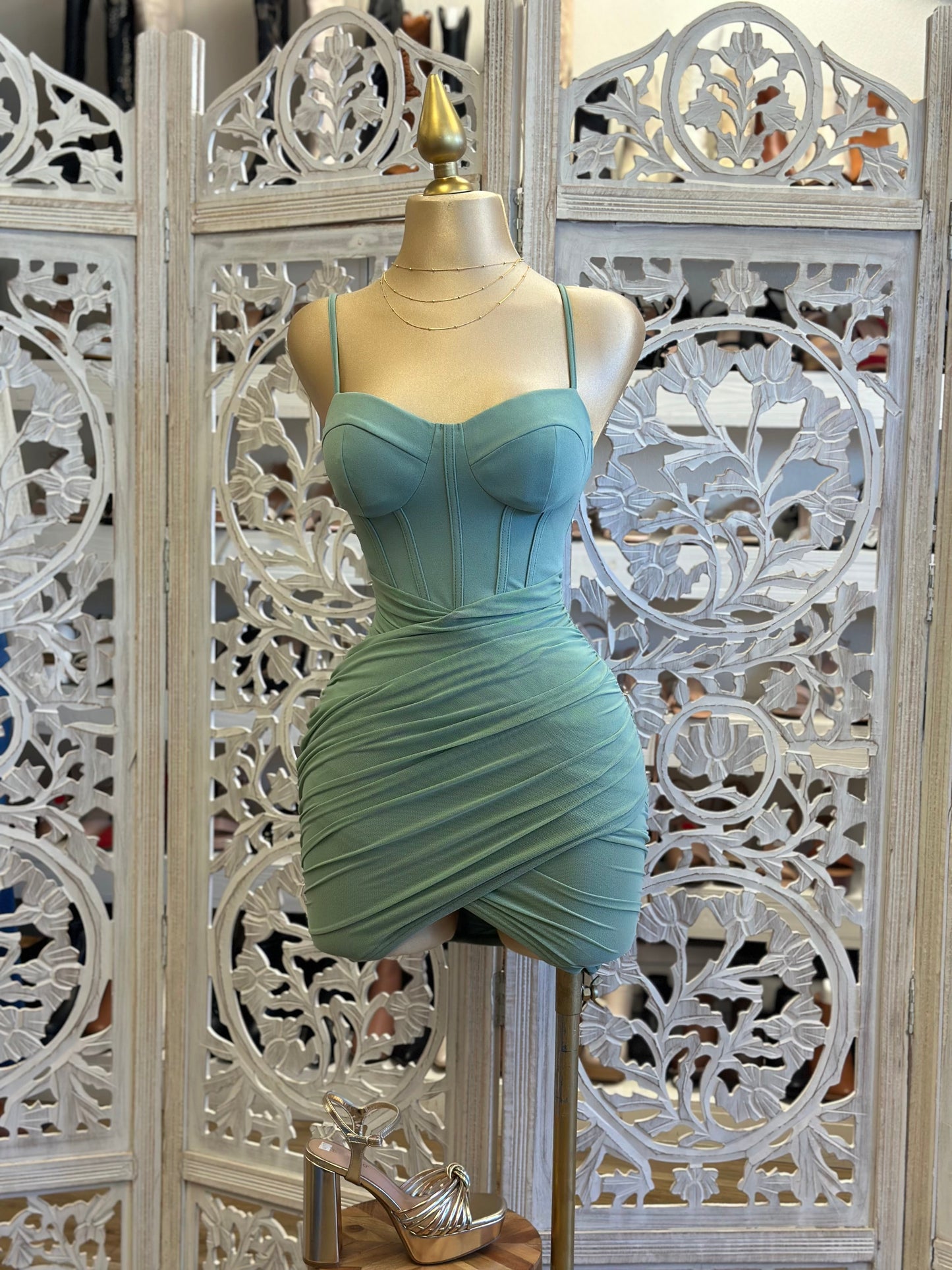 Seafoam Corset Wrapped Mini Dress- Stretchy