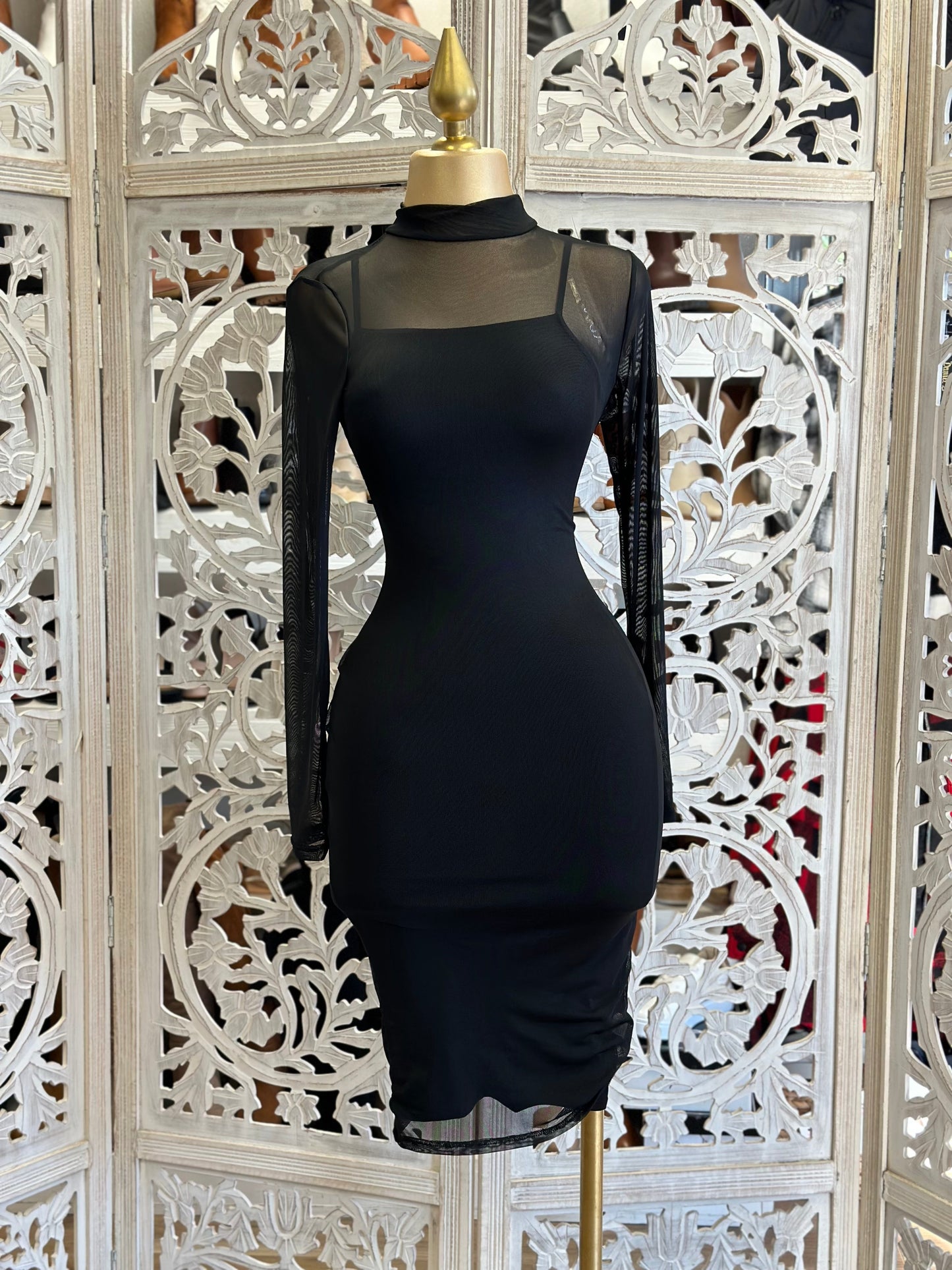 Black Mesh Mock Neck Midi Dress