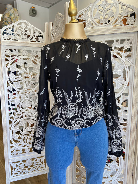 Black High Neck Embroidered Blouse