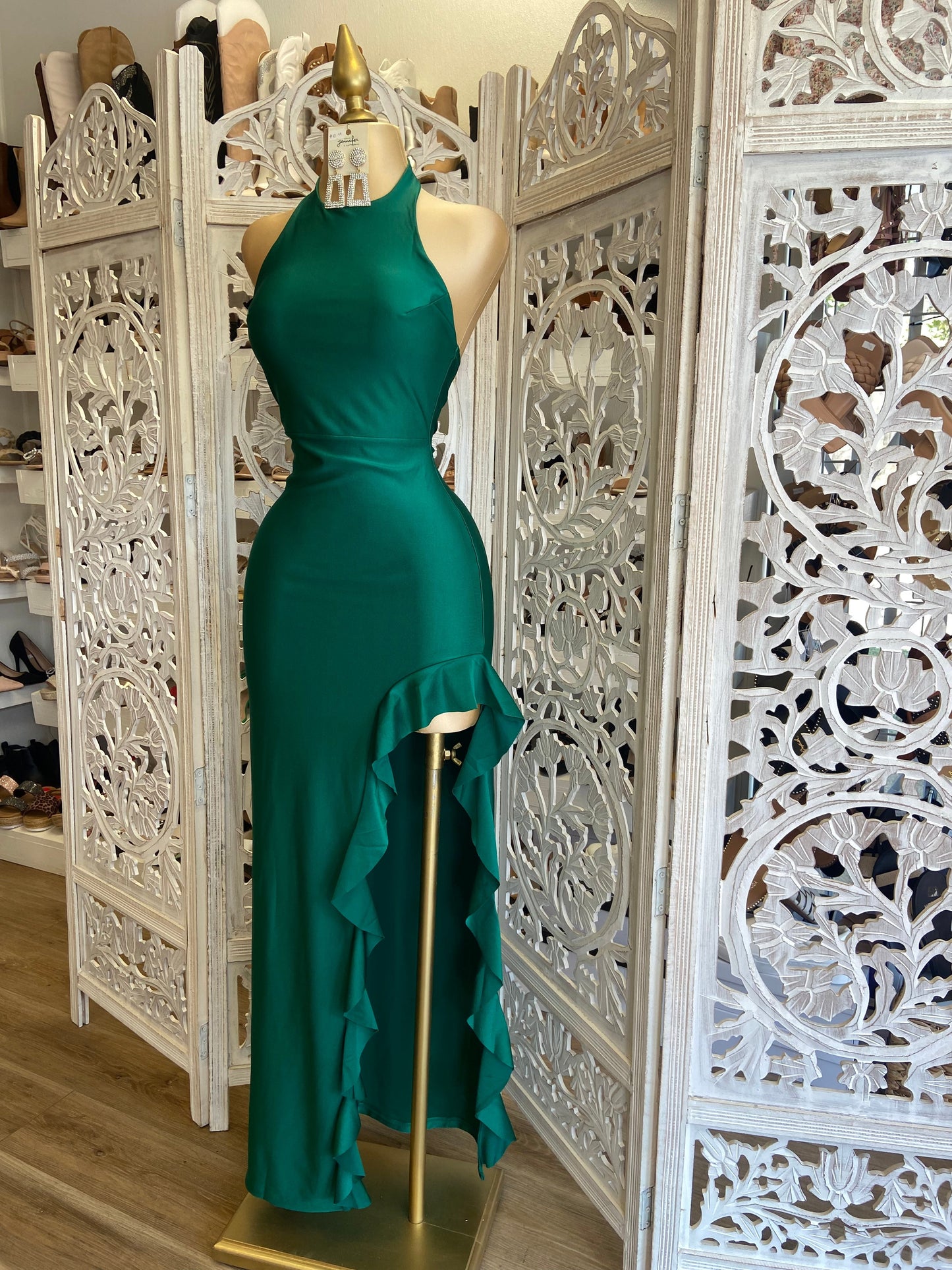 Emerald Ruffled Mock Neck Dress