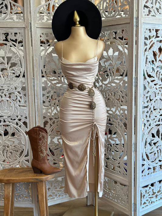 Satin Cowl Champagne Dress