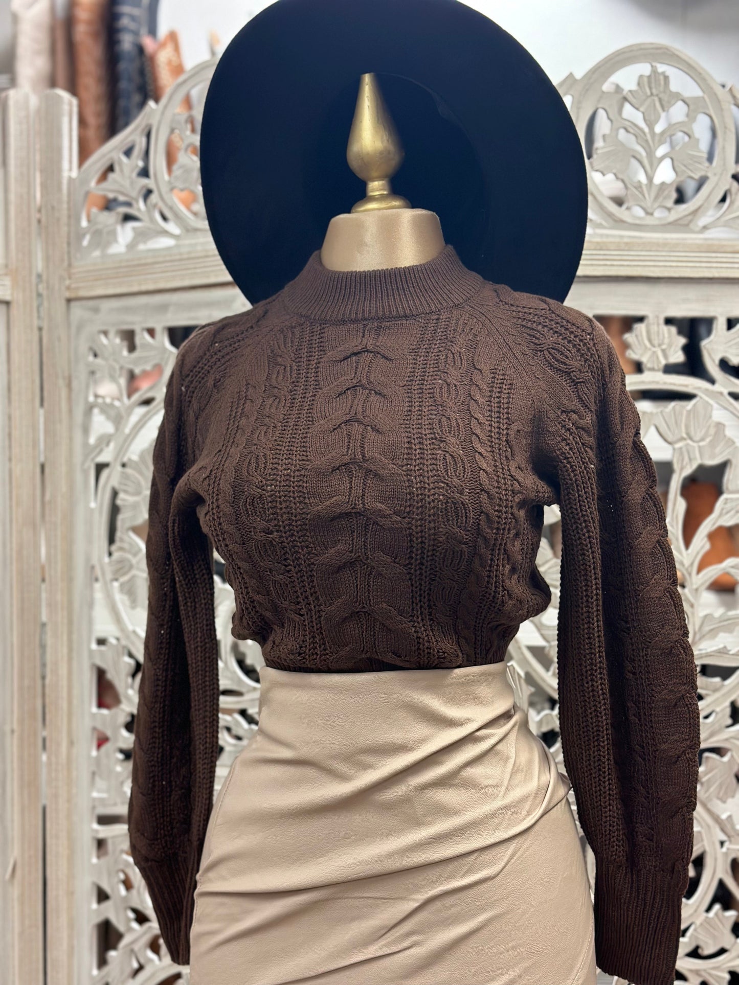 Brown Mock Neck Cable Knit Sweater