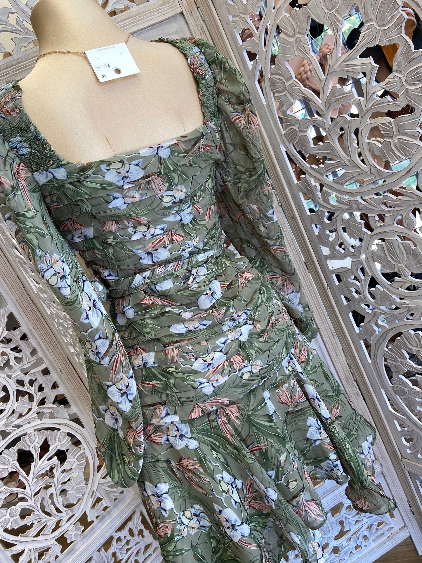 Square Neck Olive Floral Dress