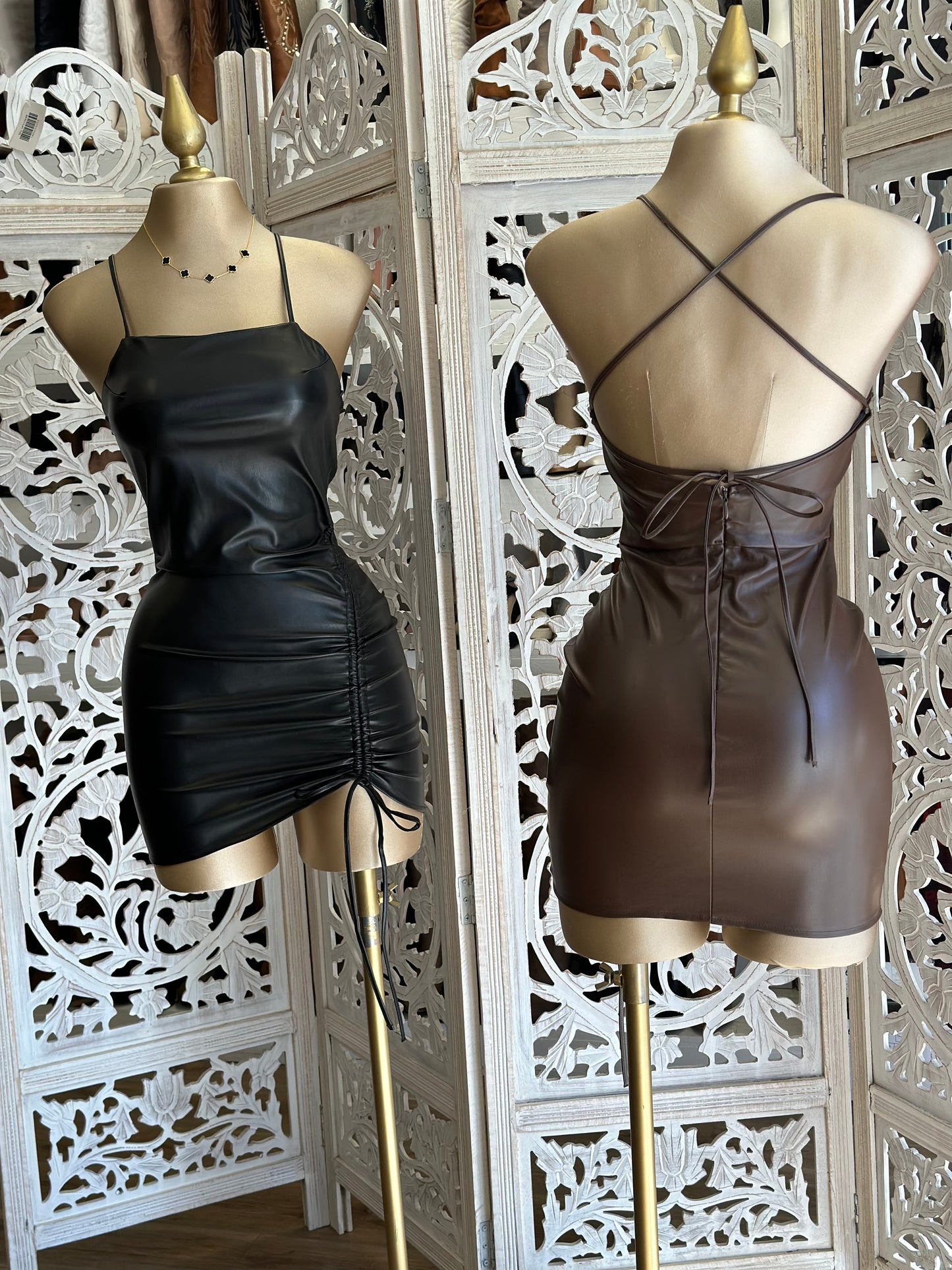 Black Faux Leather Ruched Dress