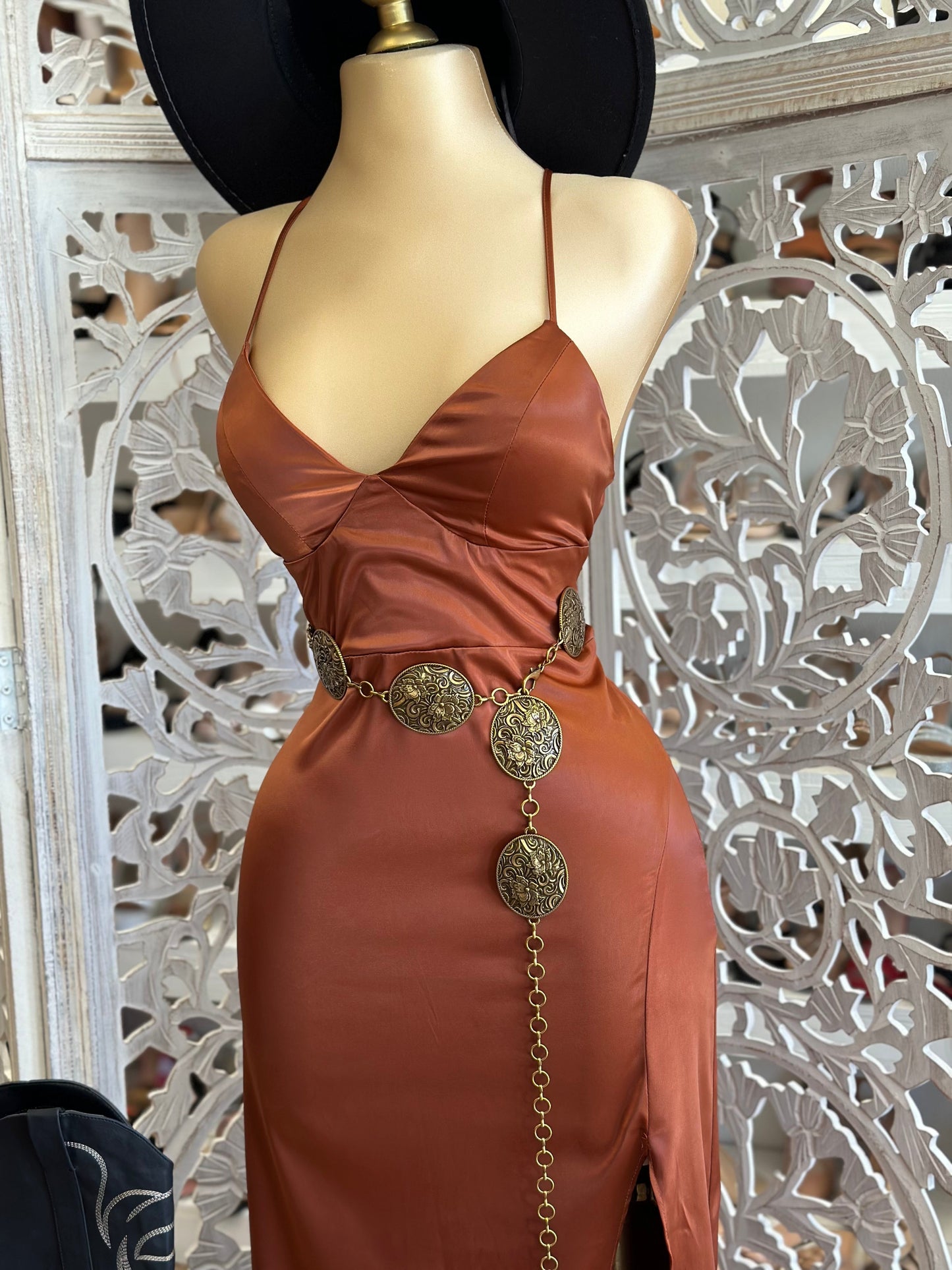 Coffee Brown Satin Tie Back Dress