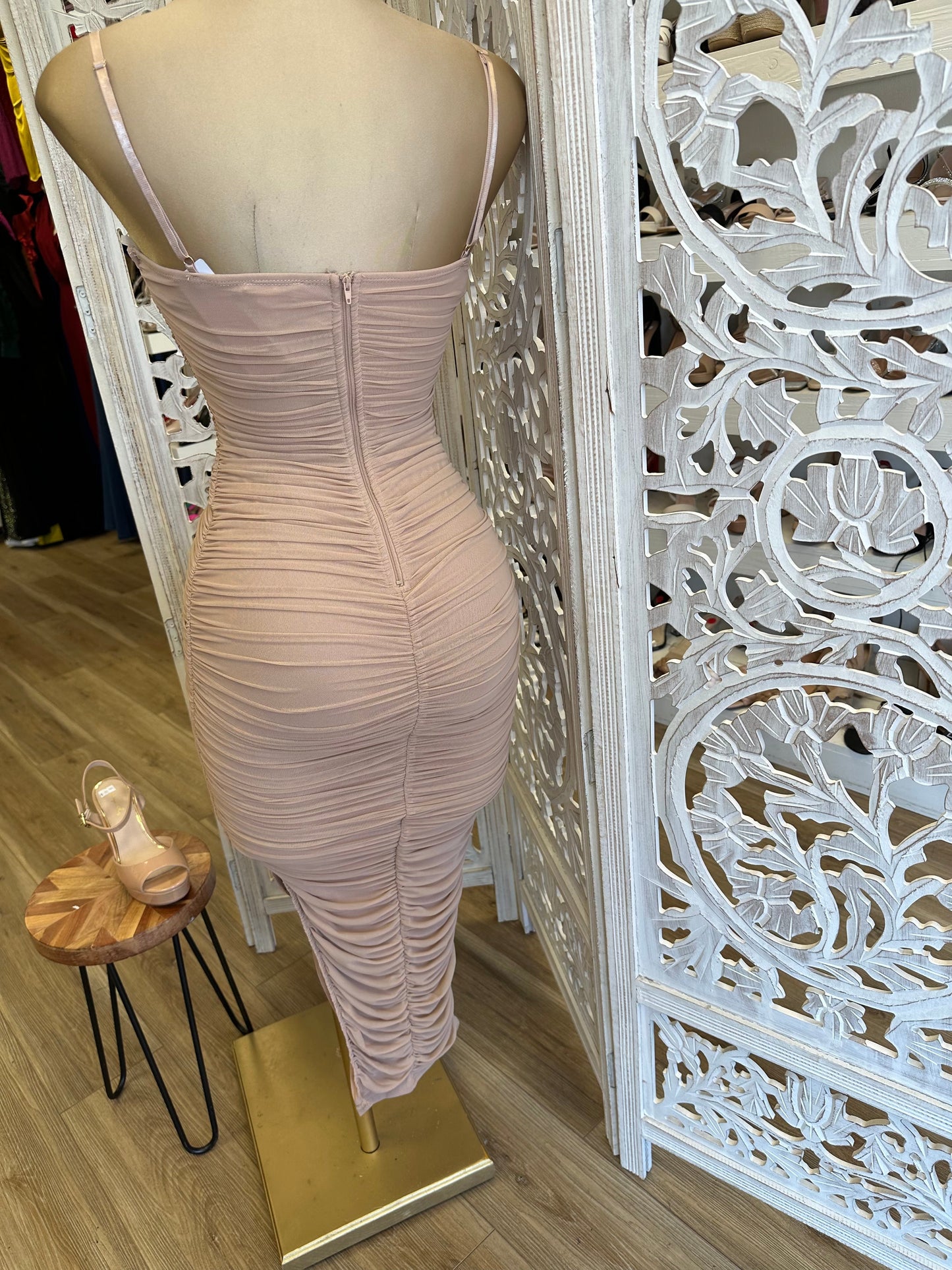 Beige Midi Ruched Dress