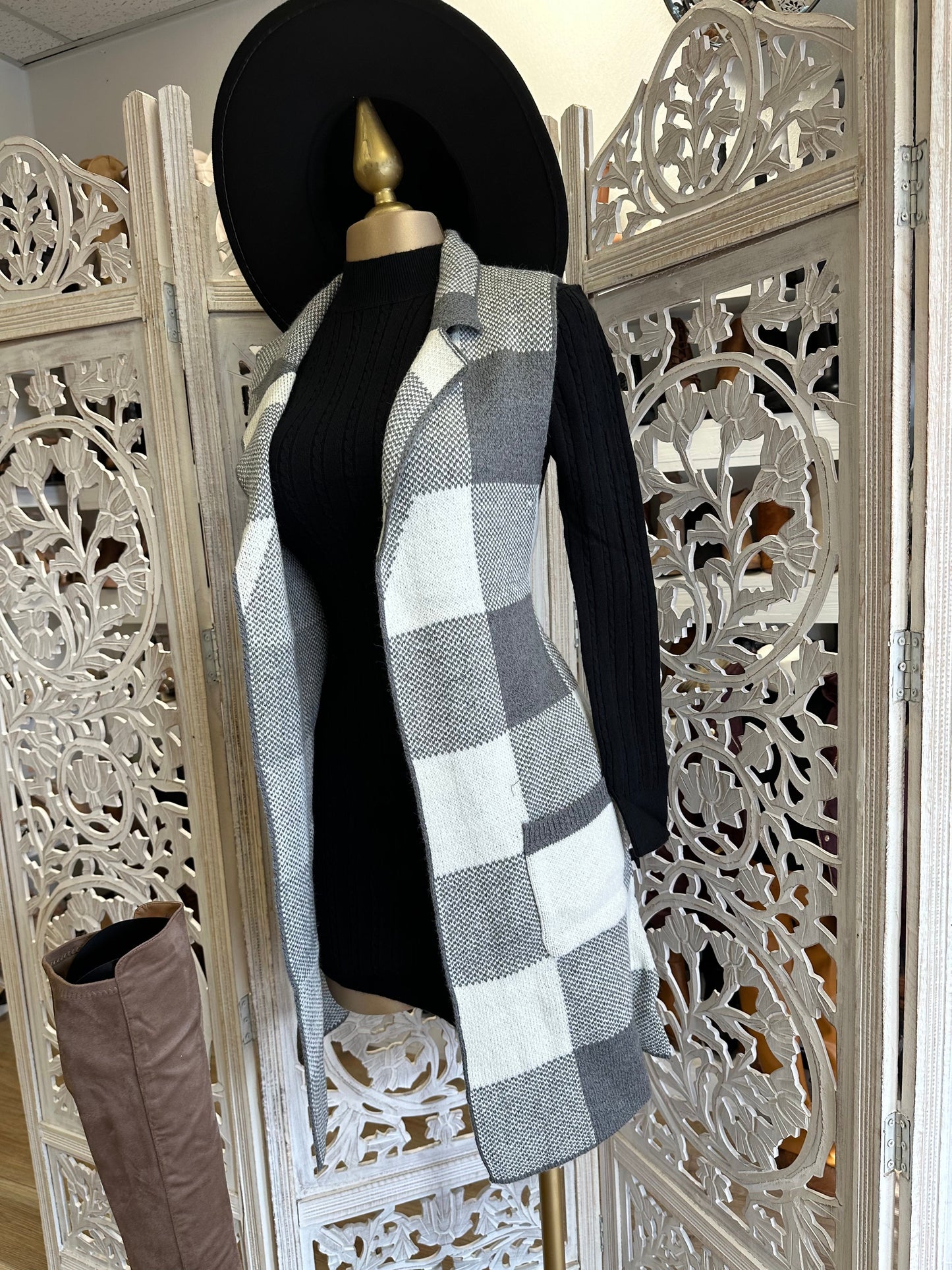 Dark Gray and White Plaid Coat Vest