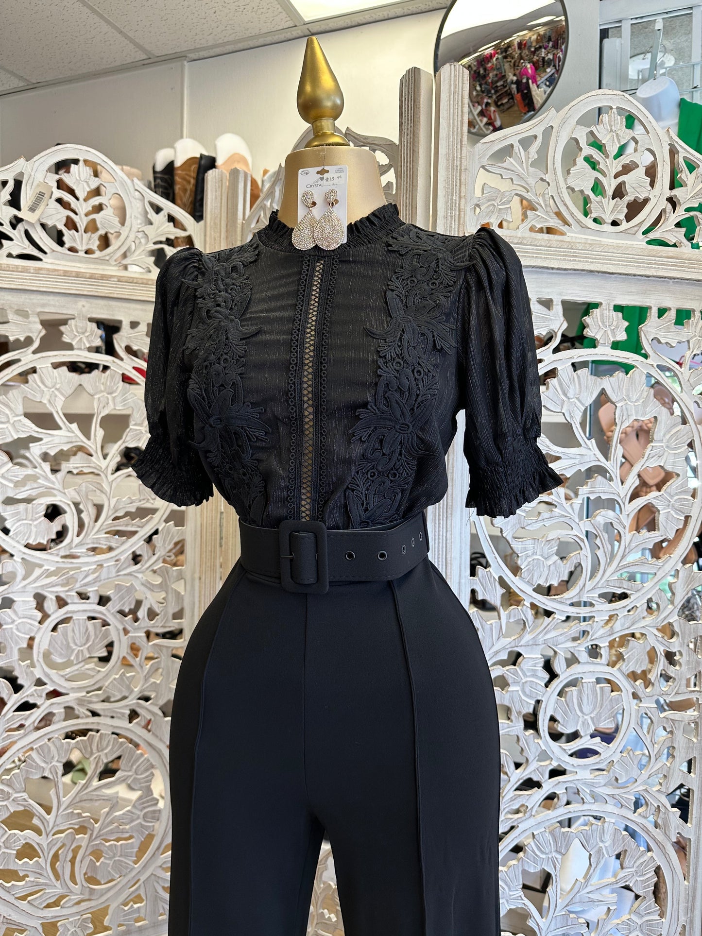 Black Lace Belted Jumpsuit