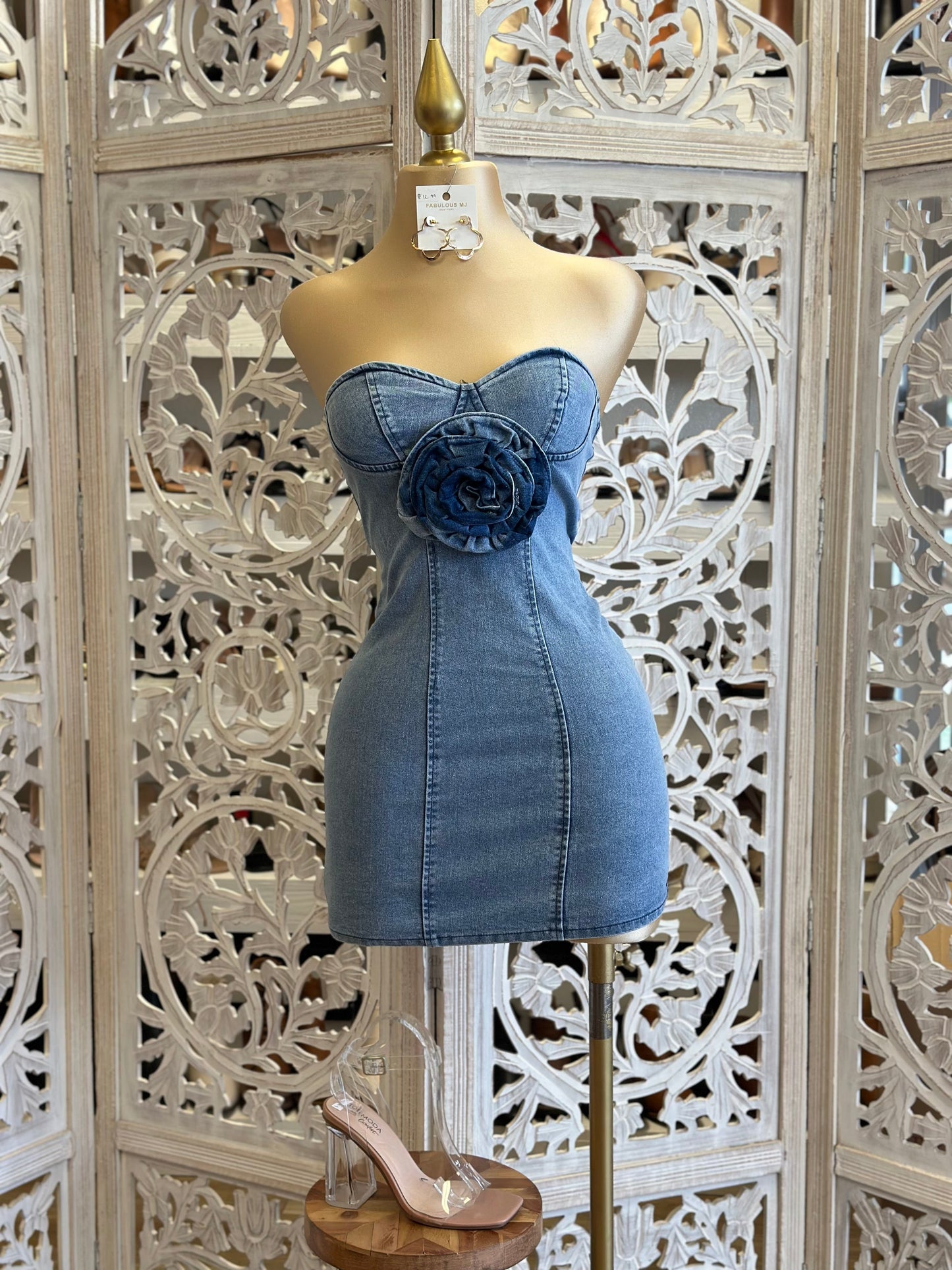 Flower Detail Denim Mini Dress- Slightly Stretchy