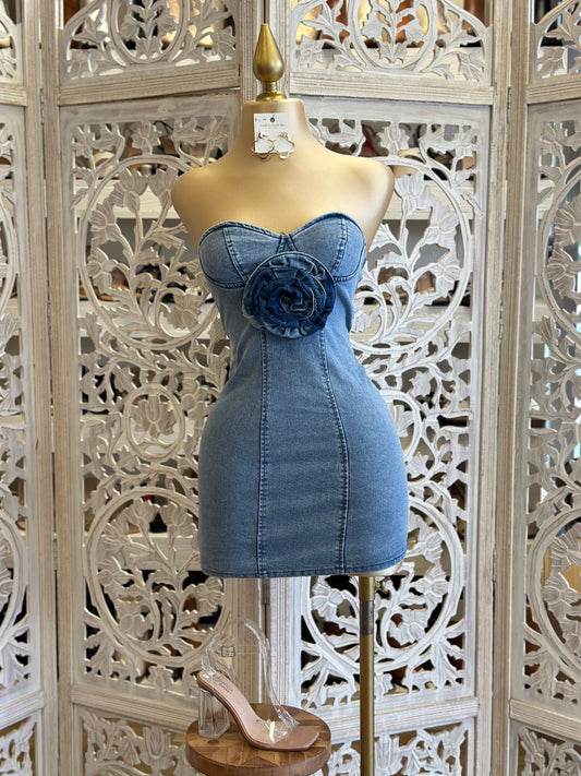 Flower Detail Denim Mini Dress- Slightly Stretchy