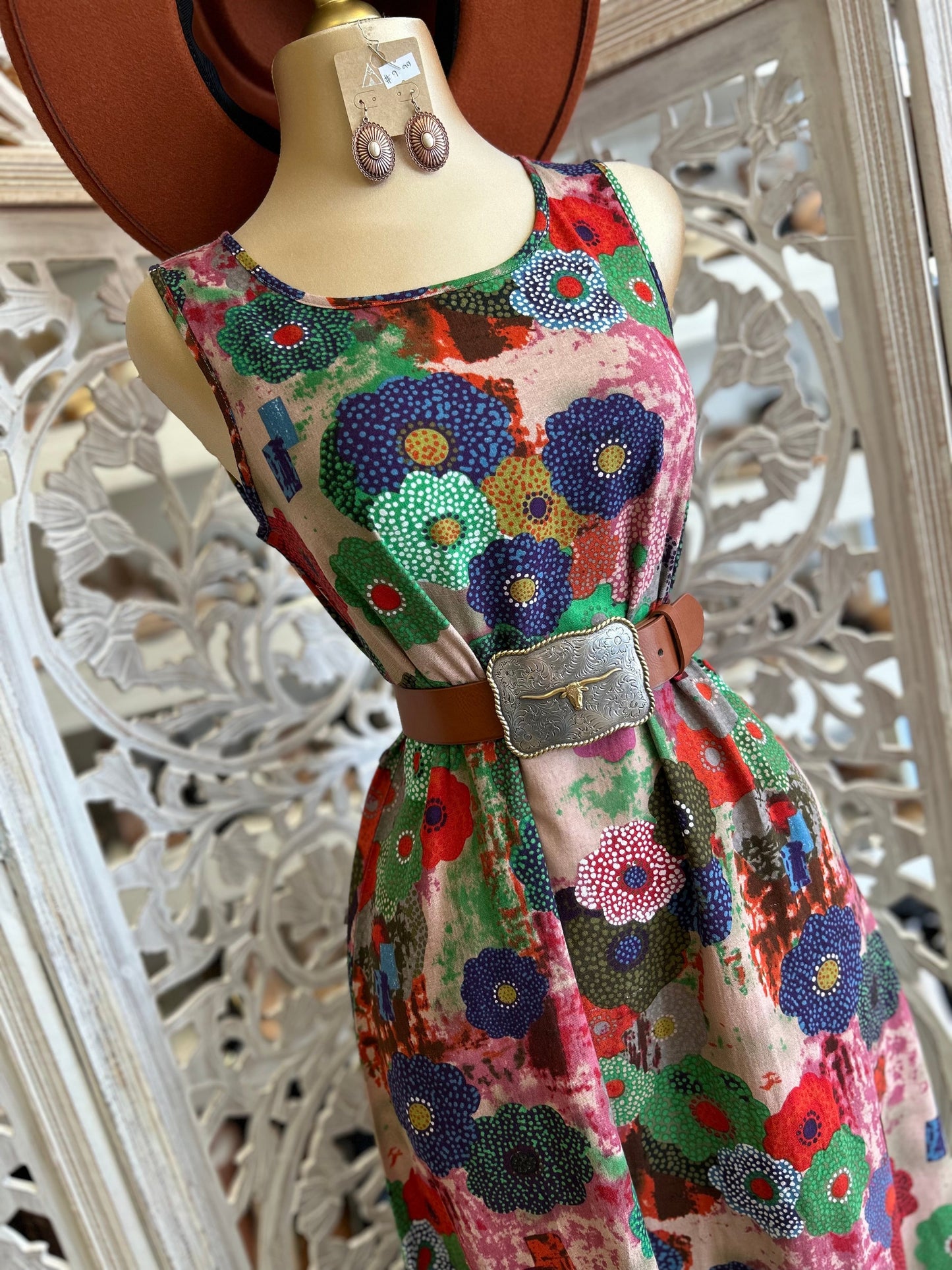 Scoop Neck Floral Multi Color Flowy Midi Dress- Not Stretchy