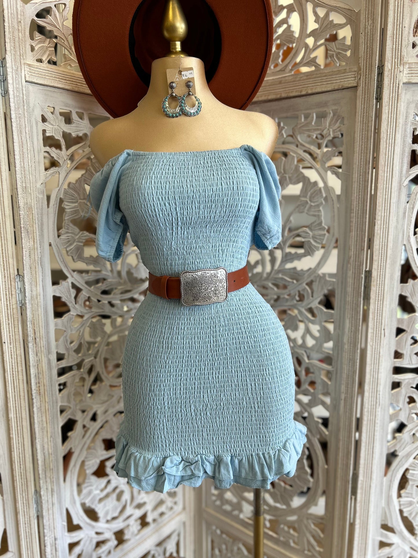 Blue  Smocked Mini Dress- Stretchy