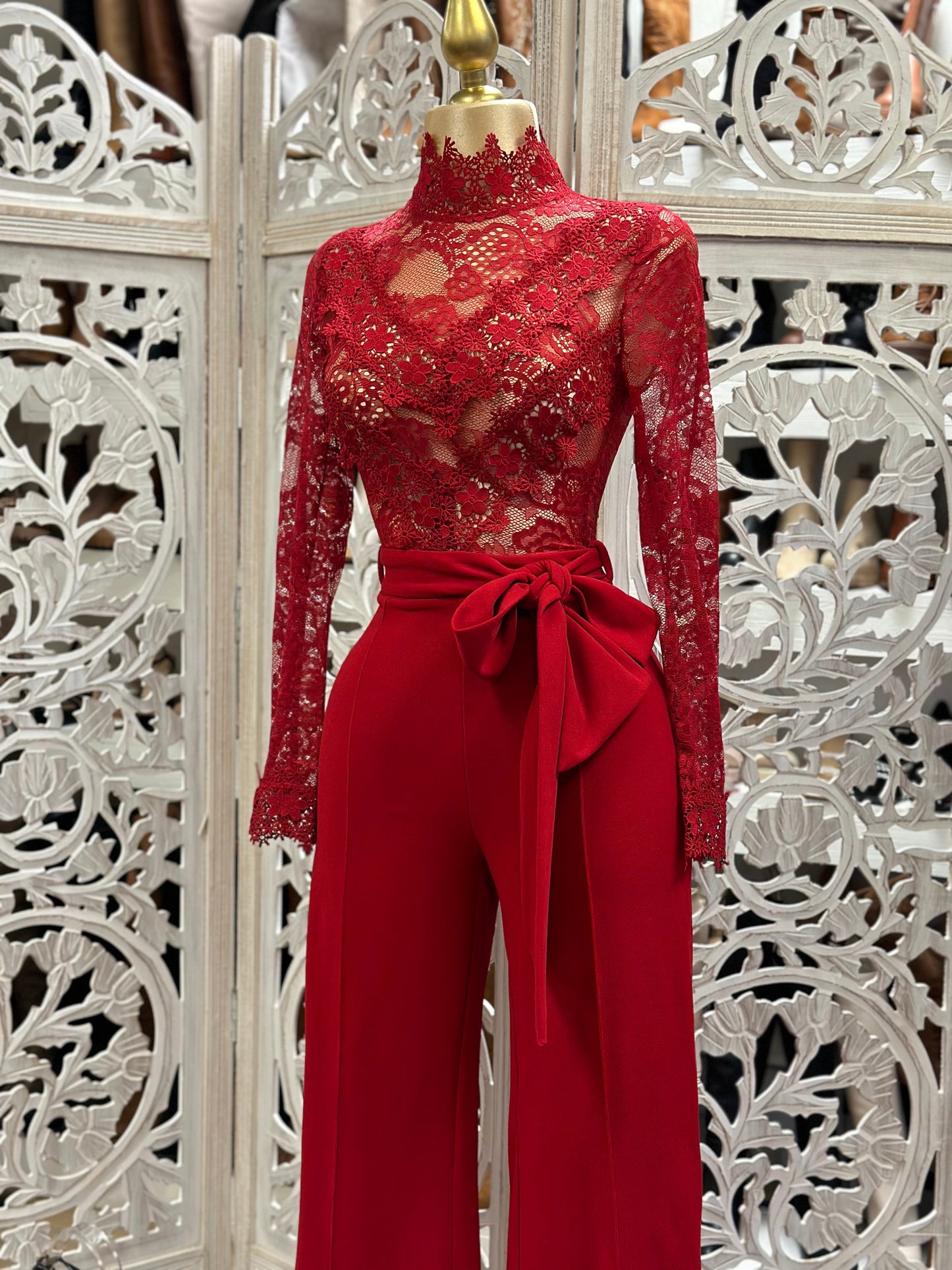 Red Lace High Neck Jumpsuit