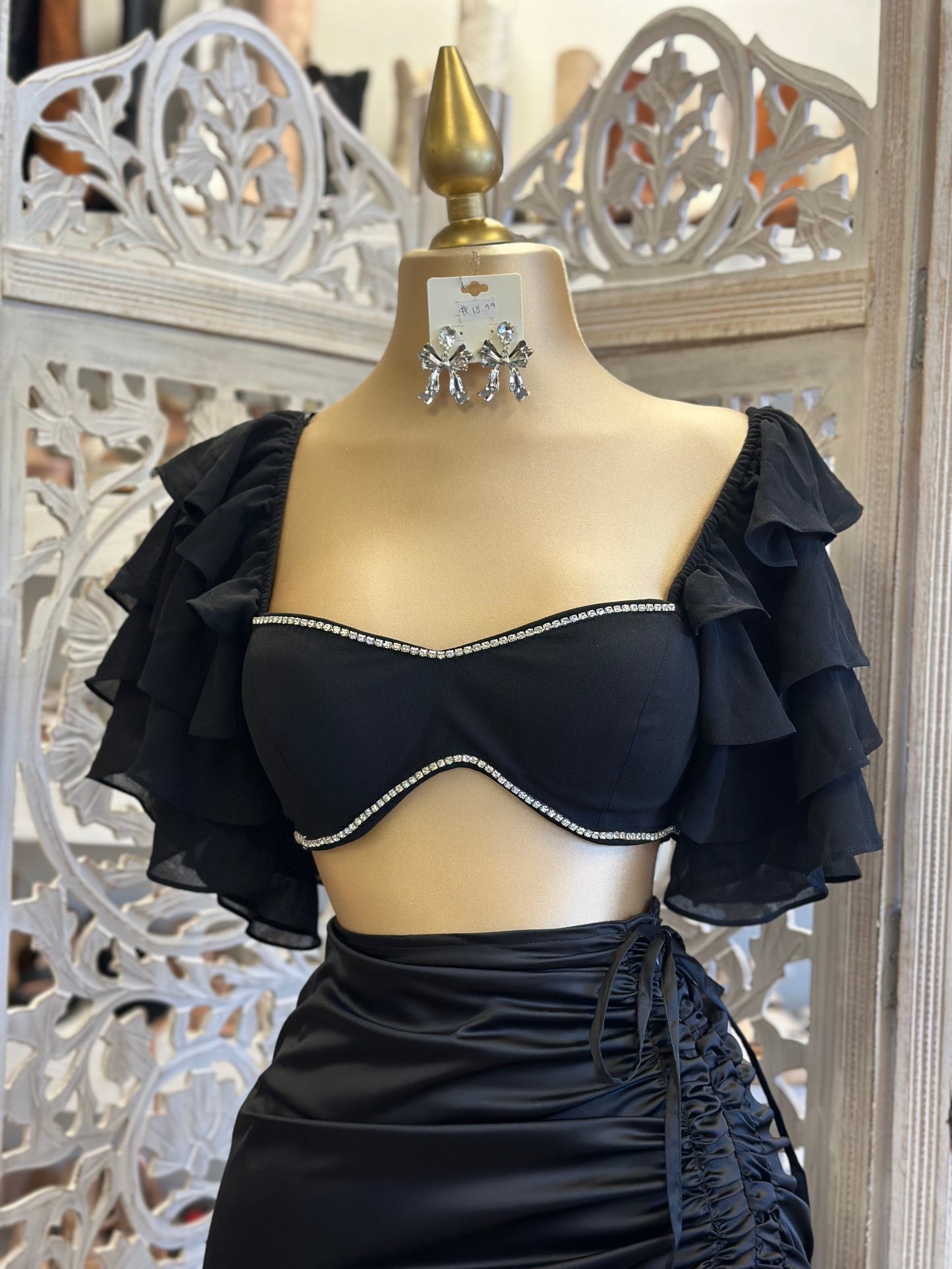 Black Ruched Sleeve Rhinestone Crop