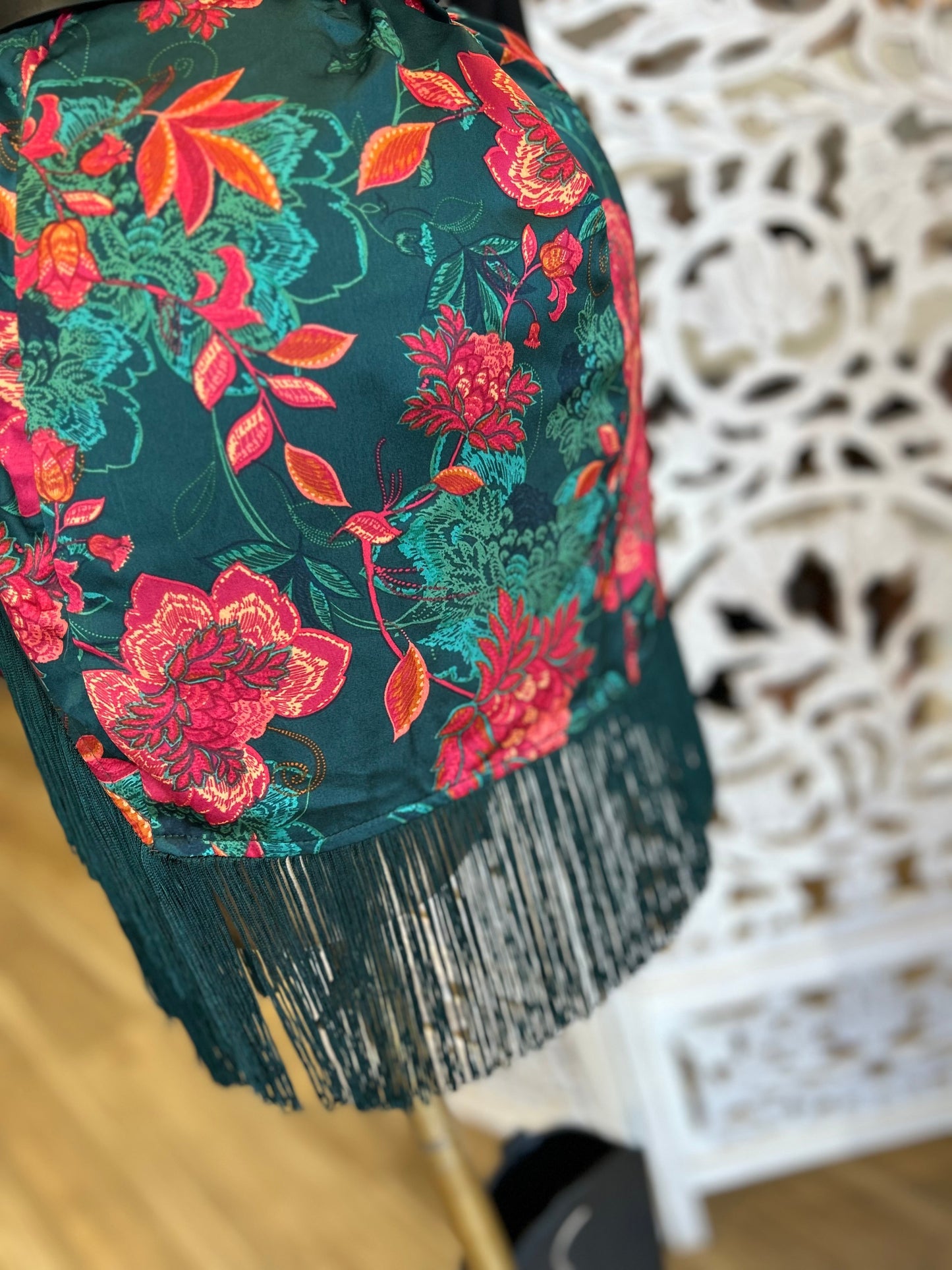 Fringe Draped Floral Skirt - Slightly Stretchy