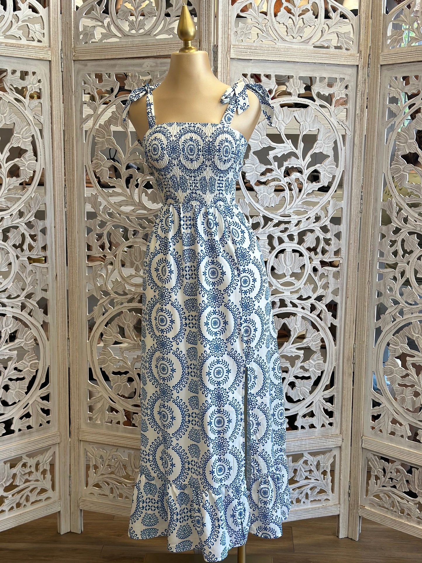 Bow Tie Strap Patterned Maxi Dress- Stretchy