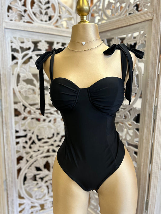 Black Ribbon Strap Bodysuit- Stretchy