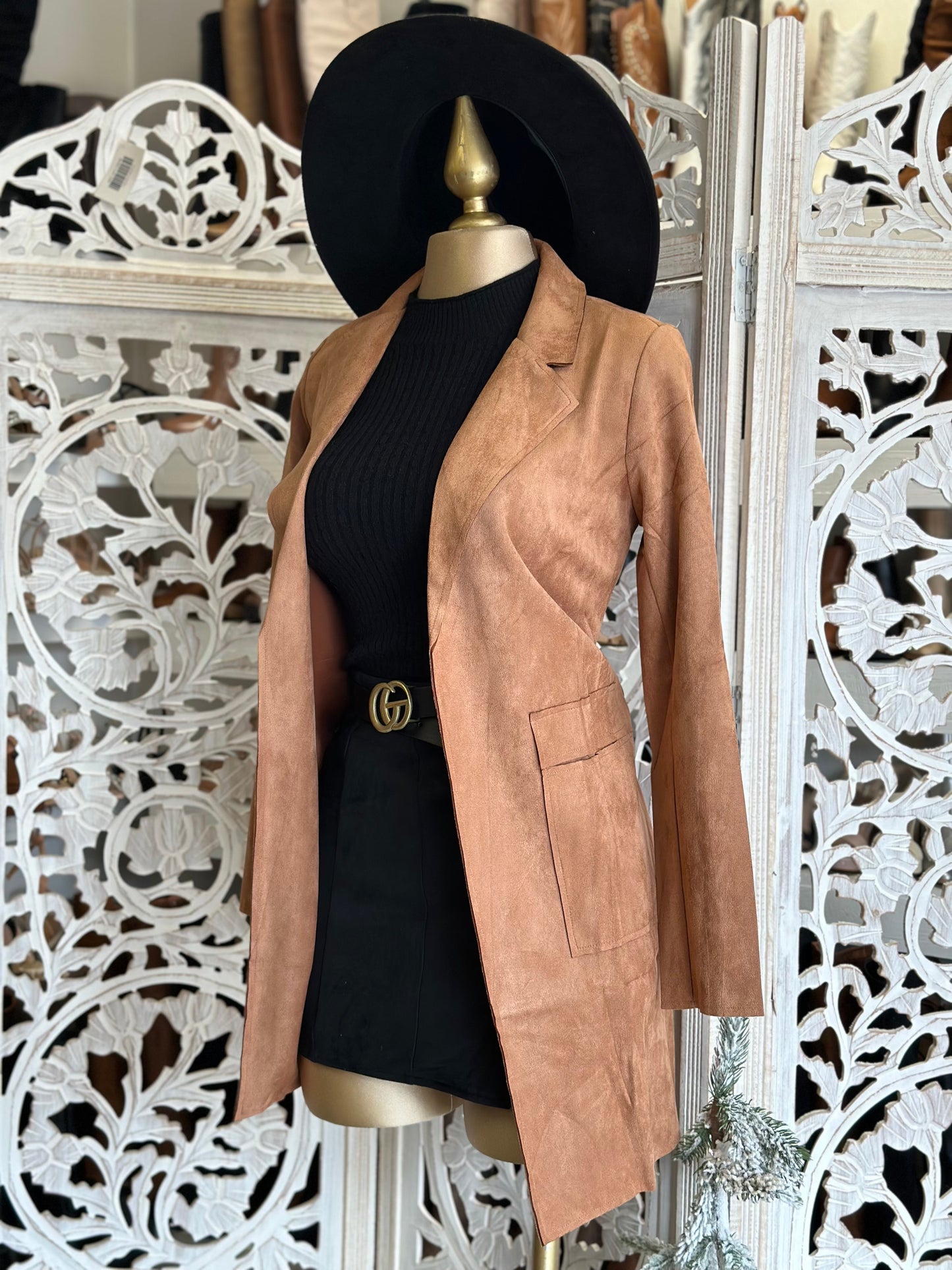 Brown Suede Blazer Coat with Side Pockets