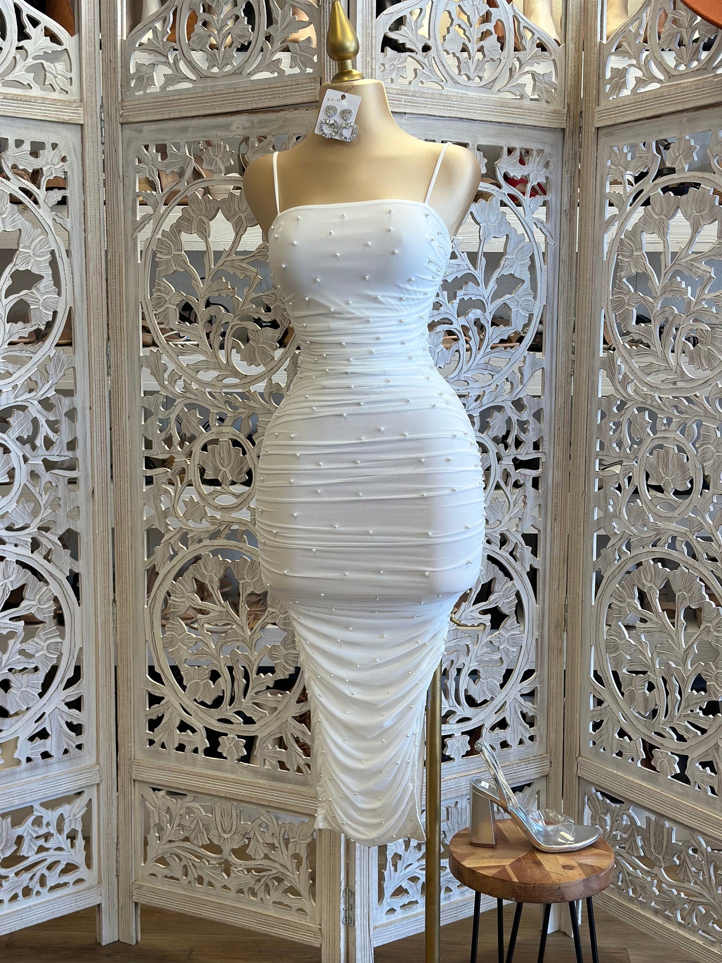 White Pearl Ruched Dress- Stretchy