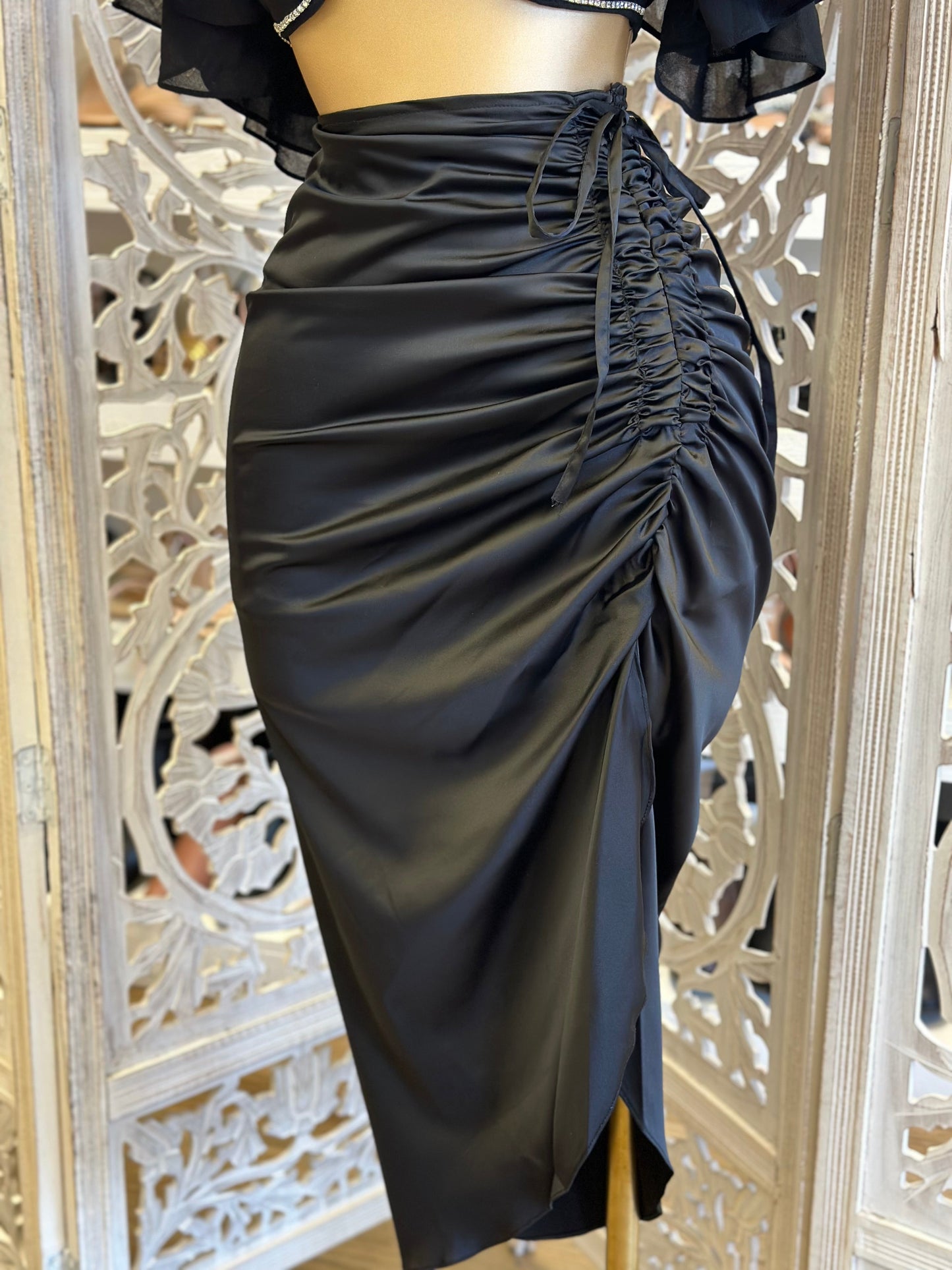 Black Ruched Satin Midi Skirt- Stretchy